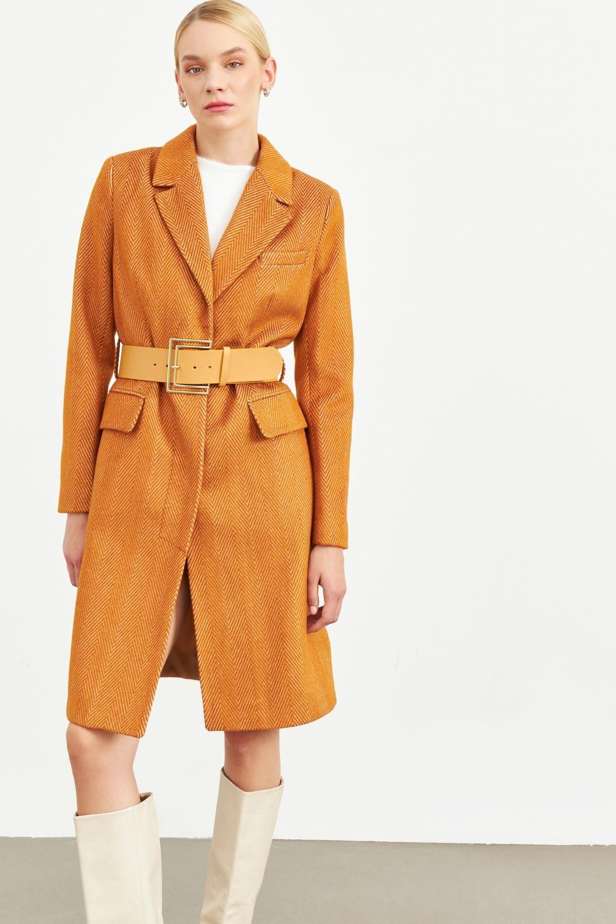 Taba Gizli Düğmeli Desenli Kaban Kadın Long Coat modelleri