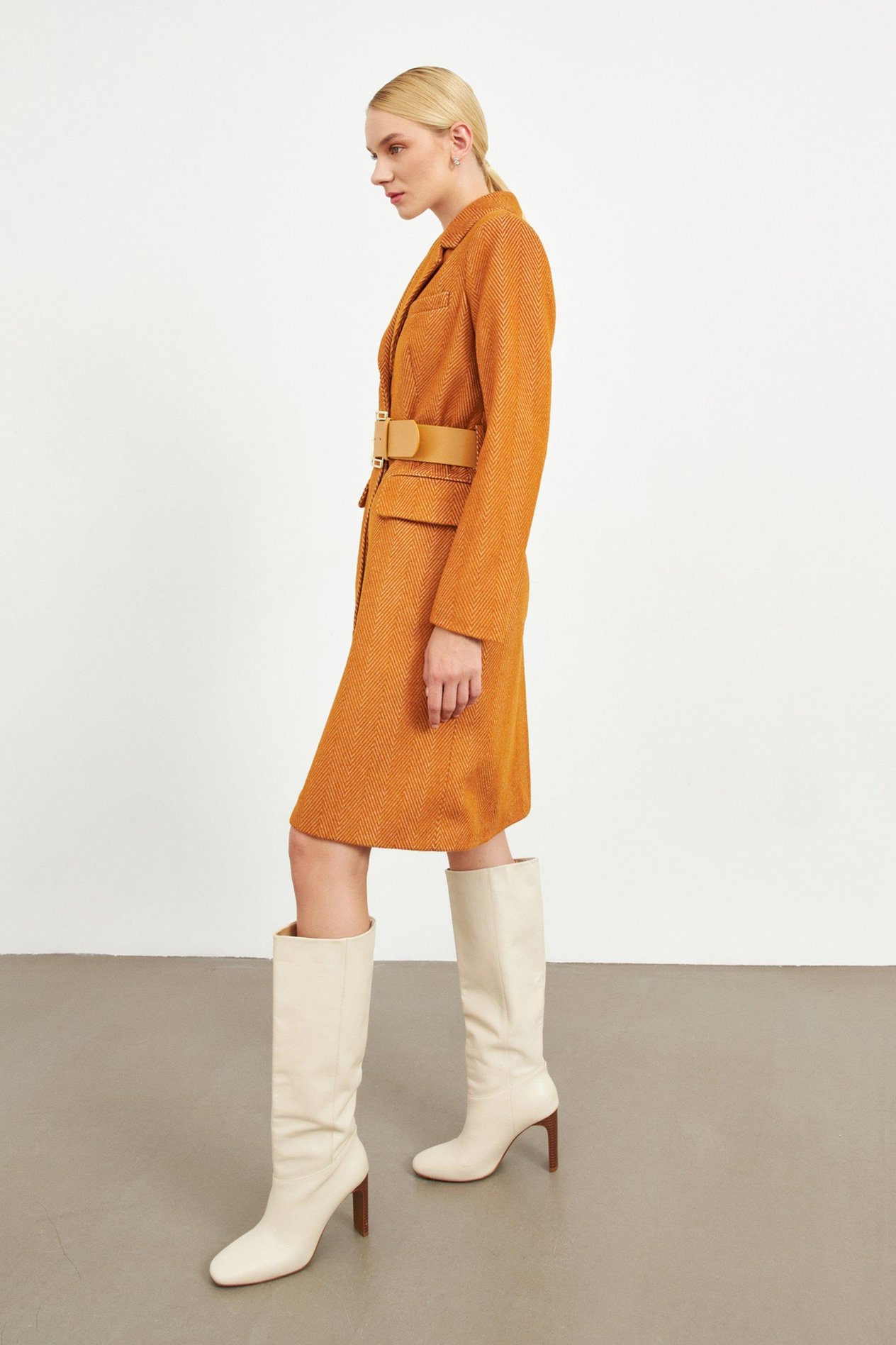 Taba Gizli Düğmeli Desenli Kaban Kadın Long Coat modelleri