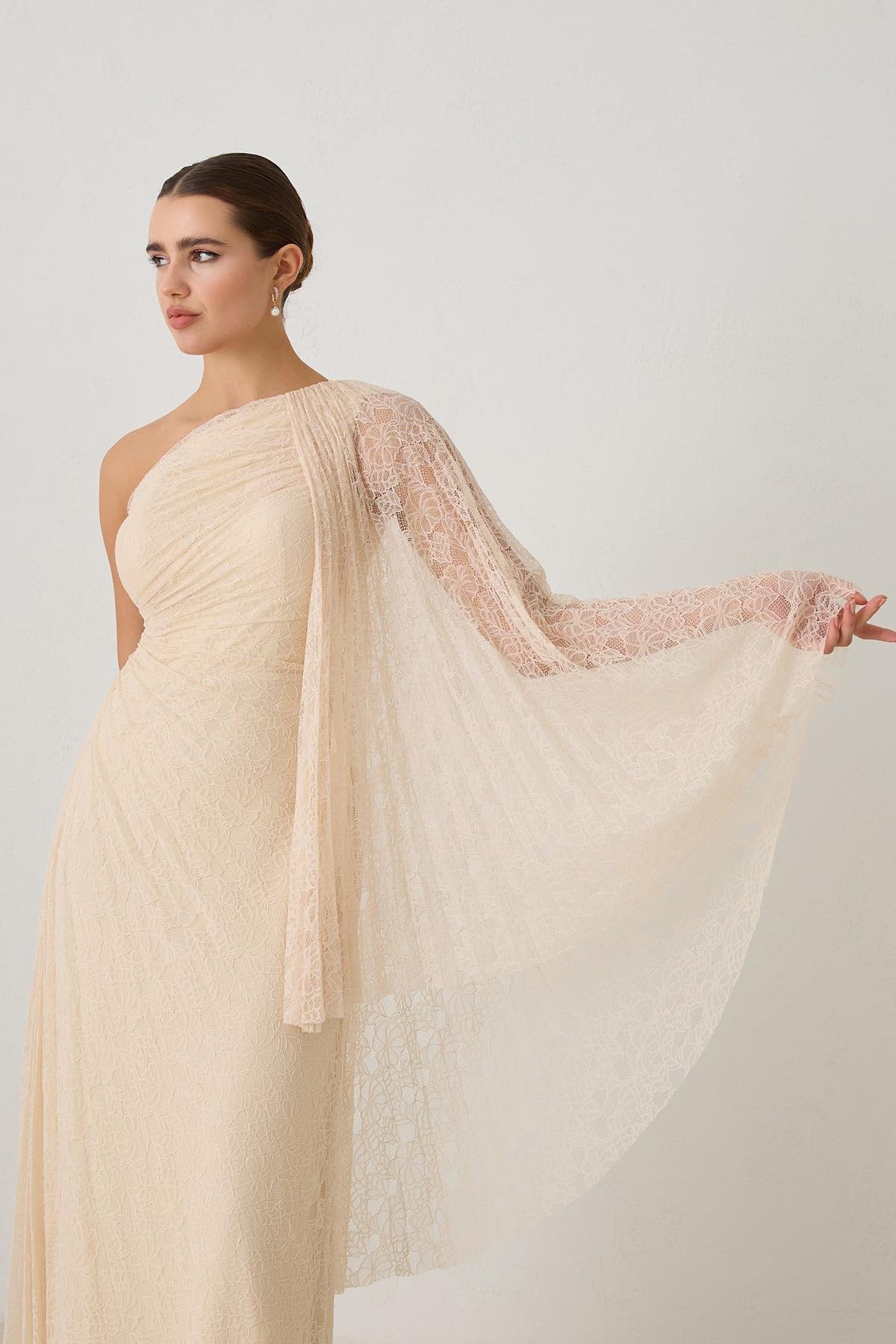 Taş Drape Ve Tek Omuz Detaylı Maxi Boy Abiye Elbise Kadın Abiye Elbise modelleri