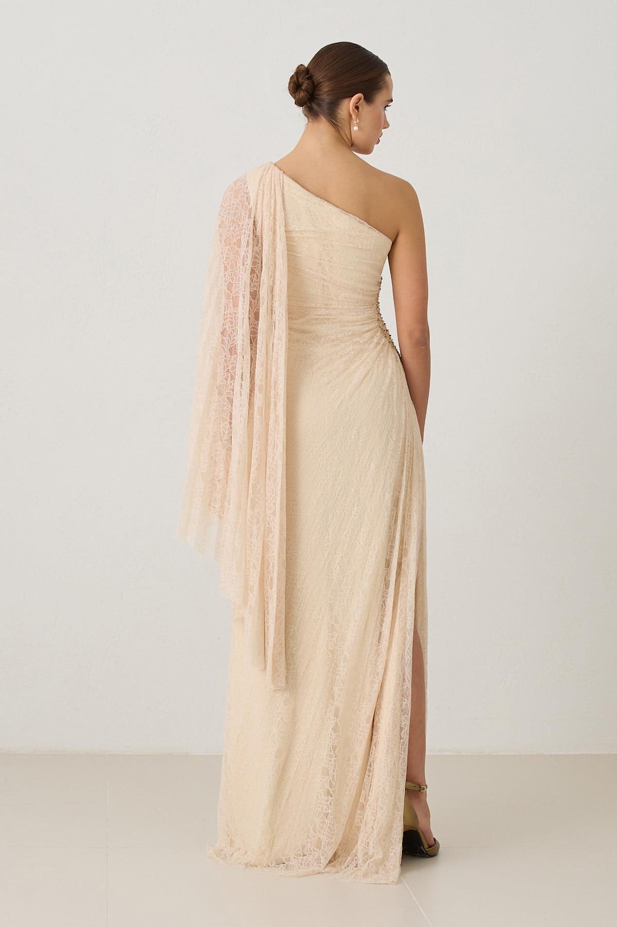 Taş Drape Ve Tek Omuz Detaylı Maxi Boy Abiye Elbise Kadın Abiye Elbise modelleri
