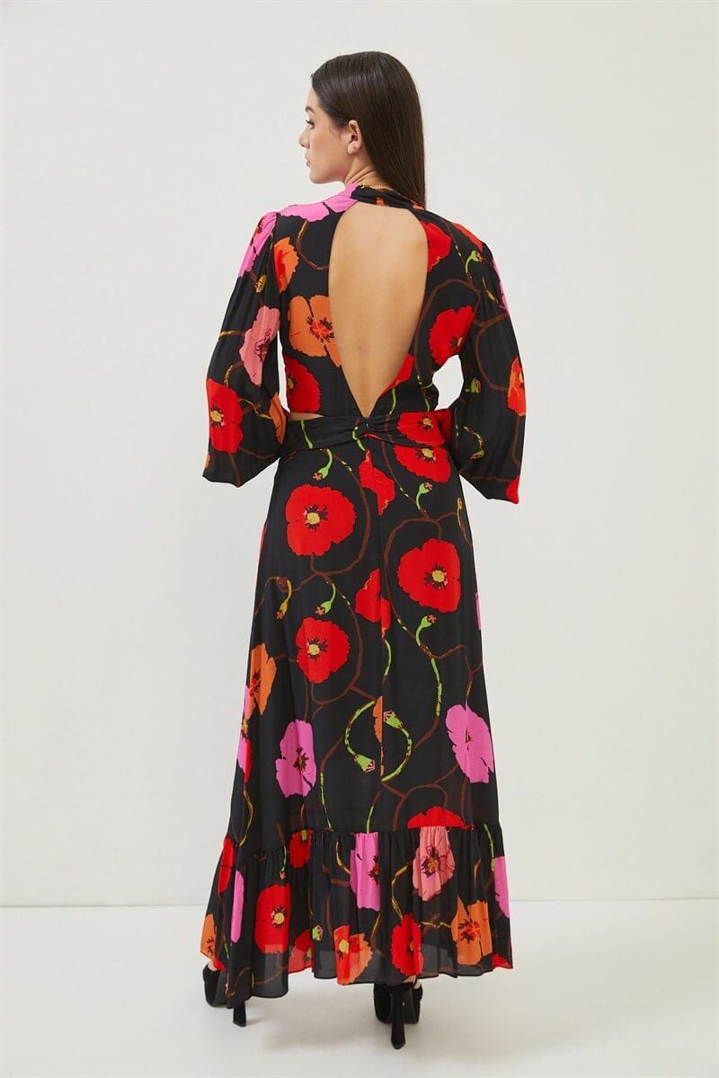 Siyah Floral Desenli Uzun Kollu Maxi Boy ElbiseST070S40158302