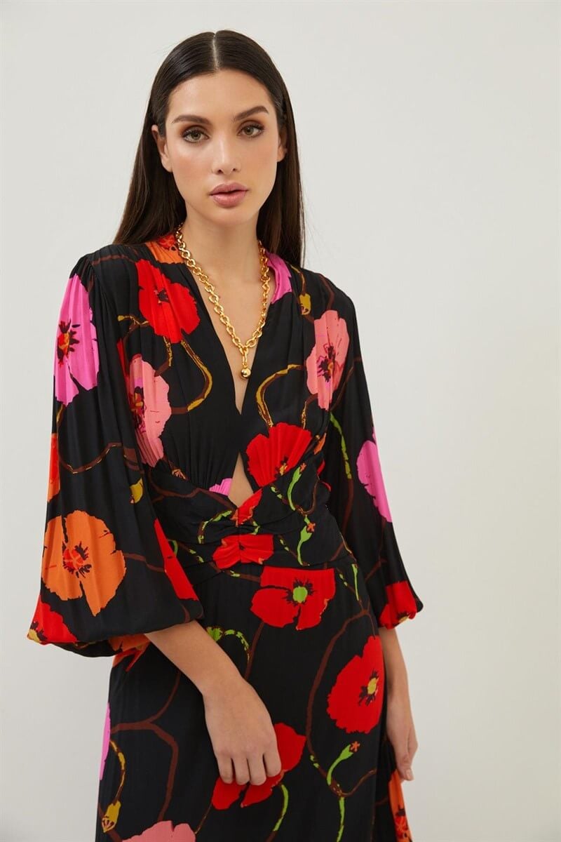 Siyah Floral Desenli Uzun Kollu Maxi Boy ElbiseST070S40158302