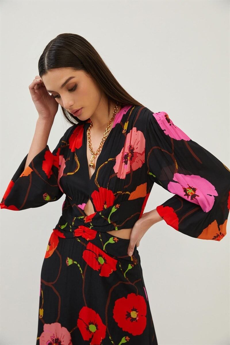 Siyah Floral Desenli Uzun Kollu Maxi Boy ElbiseST070S40158302