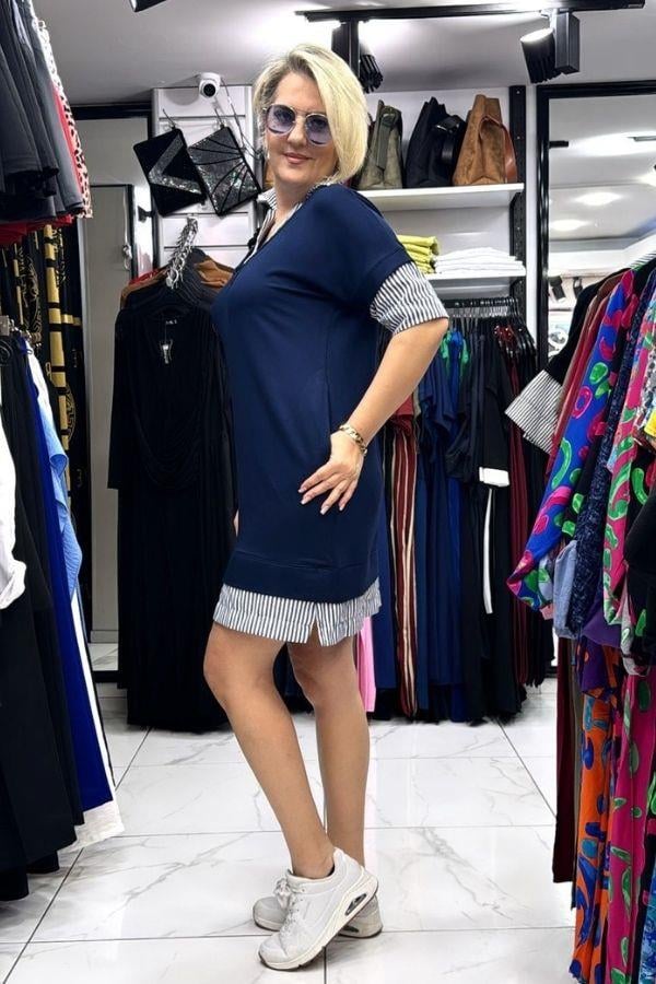 Lacivert Gömlek Detaylı Kısa Kollu Yandan Cepli Mini Elbise