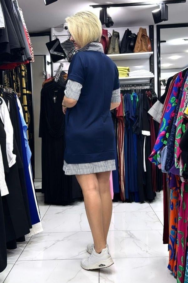 Lacivert Gömlek Detaylı Kısa Kollu Yandan Cepli Mini Elbise