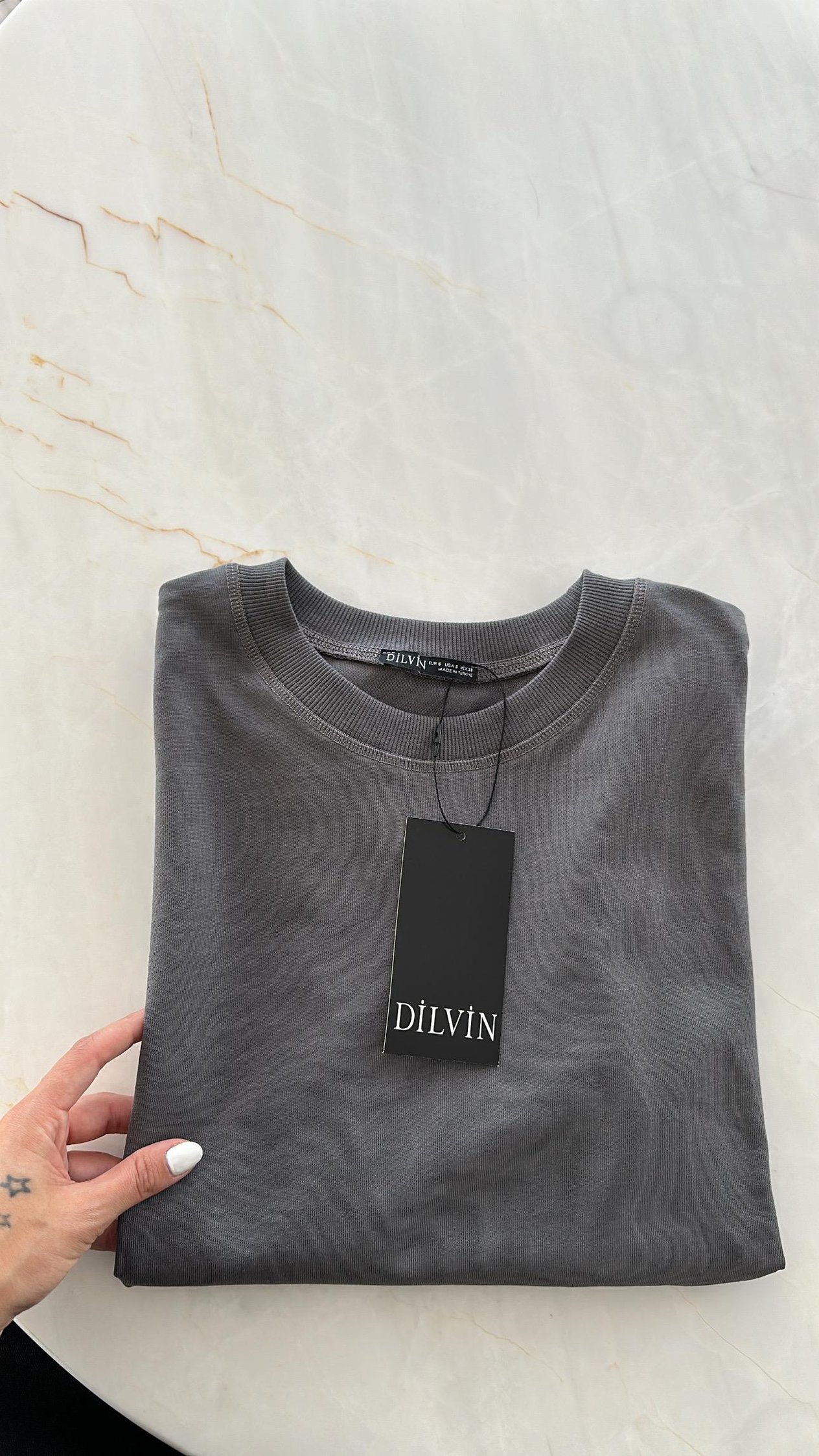 Antrasit Dekoratif Dikişli Bisiklet Yaka Dilvin Tshirt