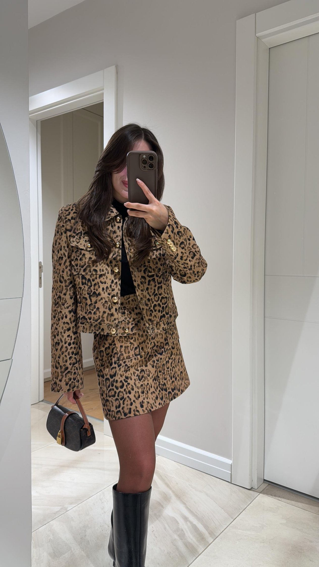 Bej Leopar Desen Gold Düğmeli Ceket 