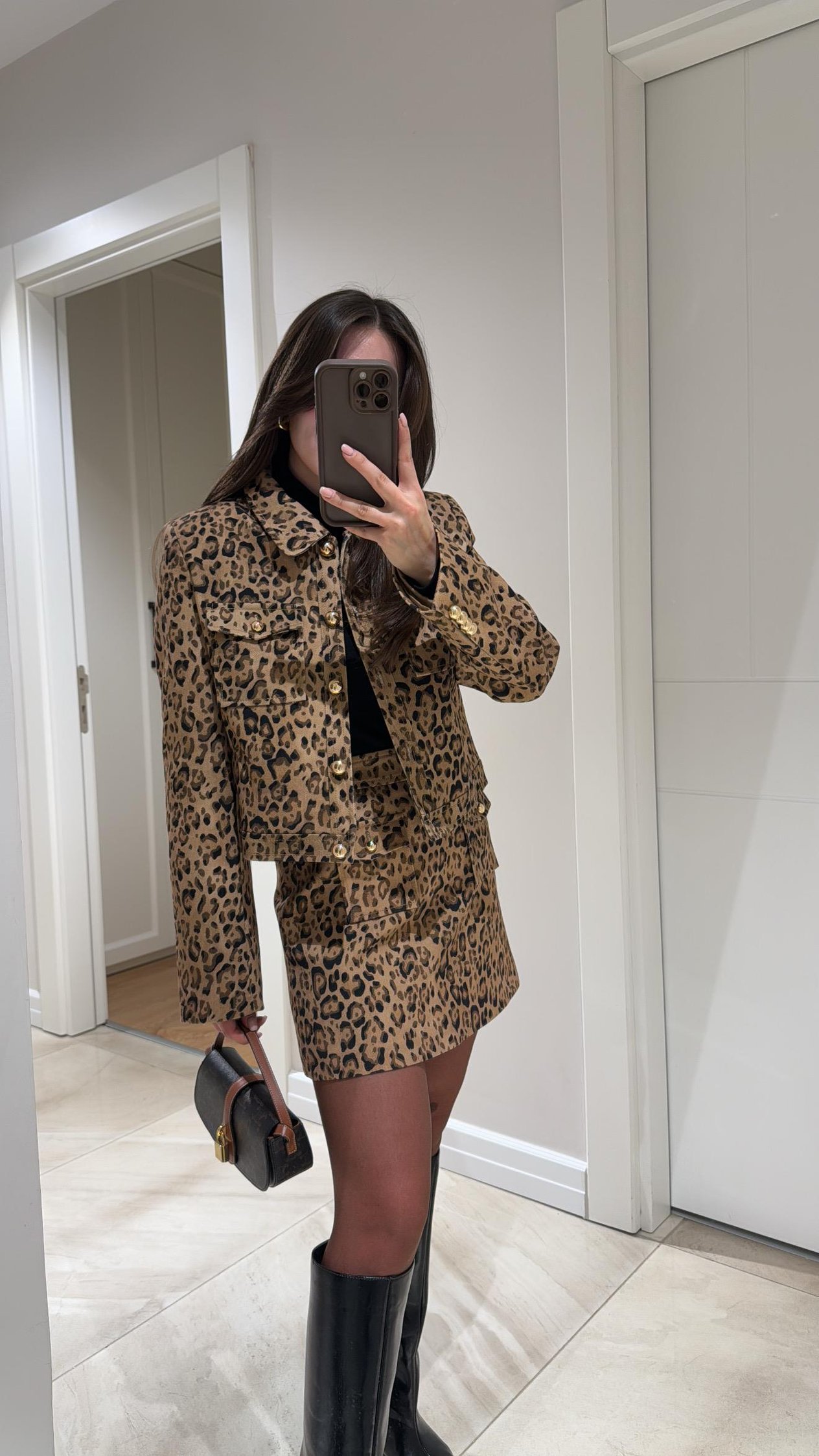 Bej Leopar Desen Gold Düğmeli Ceket 