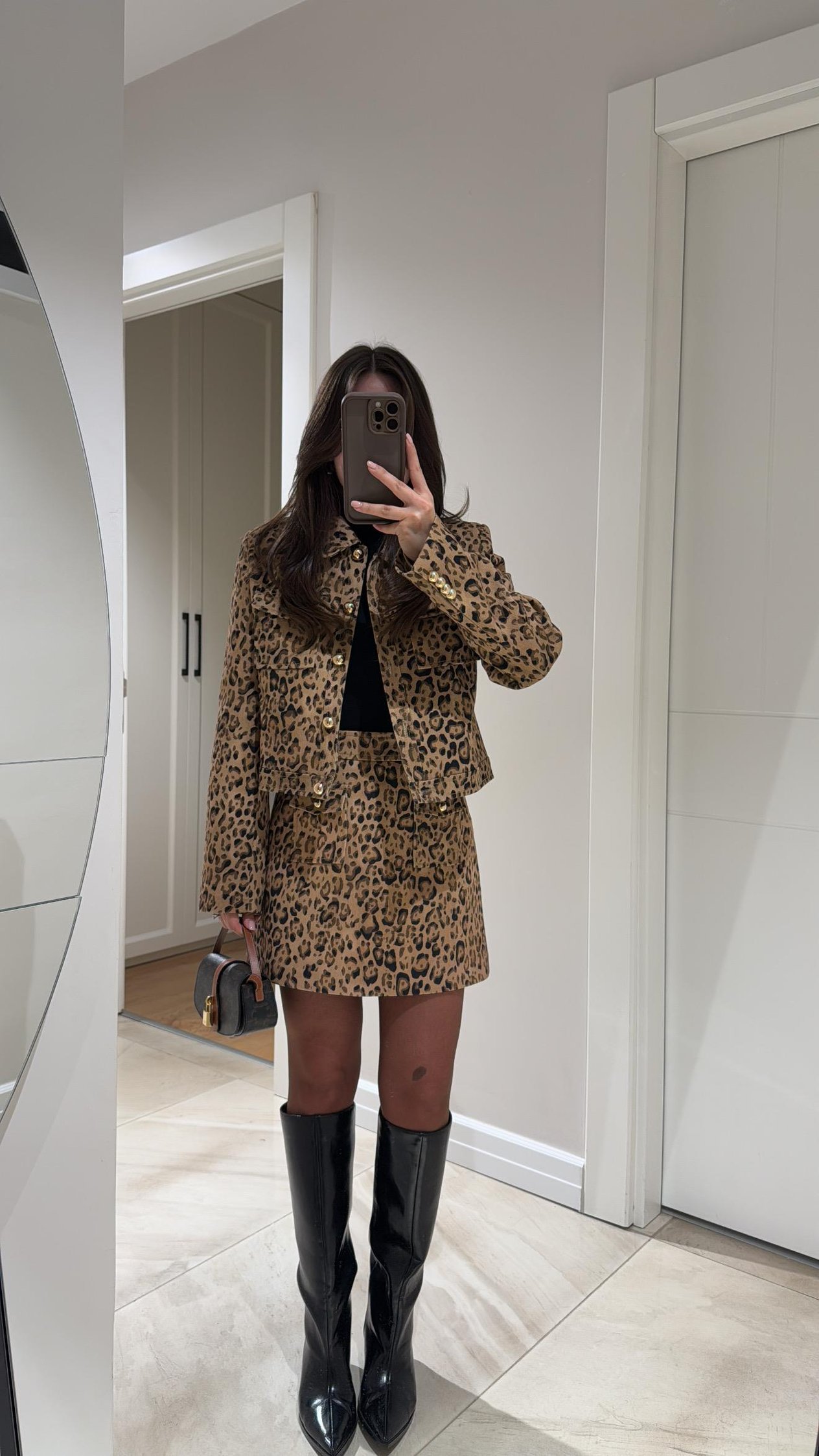 Bej Leopar Desen Ön Cepli Etek