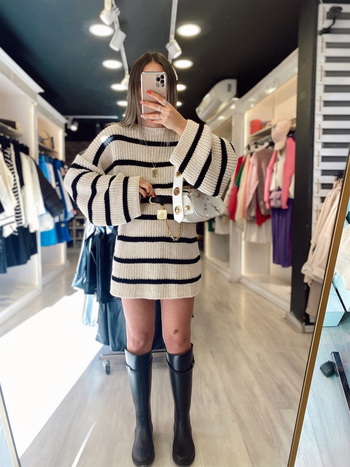 Bej Siyah Çizgili Oversize Kazak Elbise
