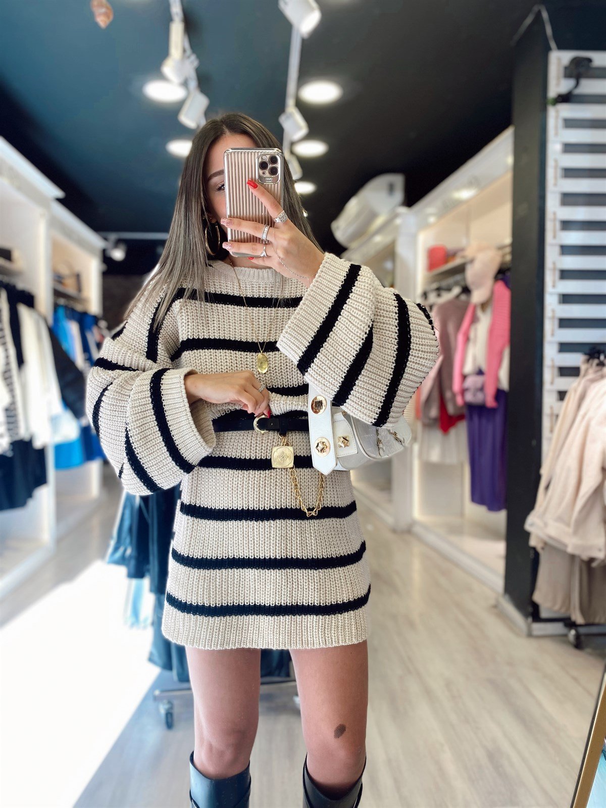 Bej Siyah Çizgili Oversize Kazak Elbise