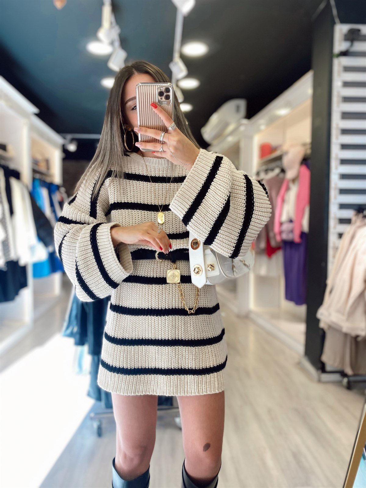 Bej Siyah Çizgili Oversize Kazak Elbise
