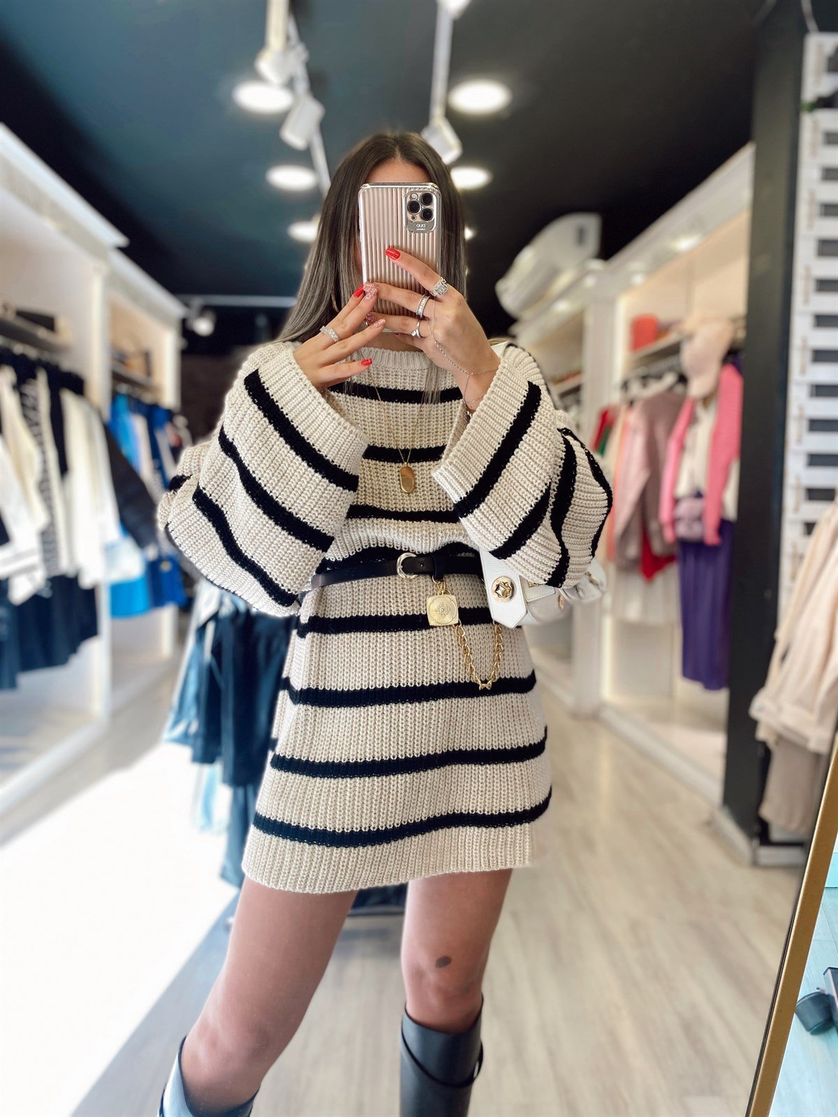 Bej Siyah Çizgili Oversize Kazak Elbise