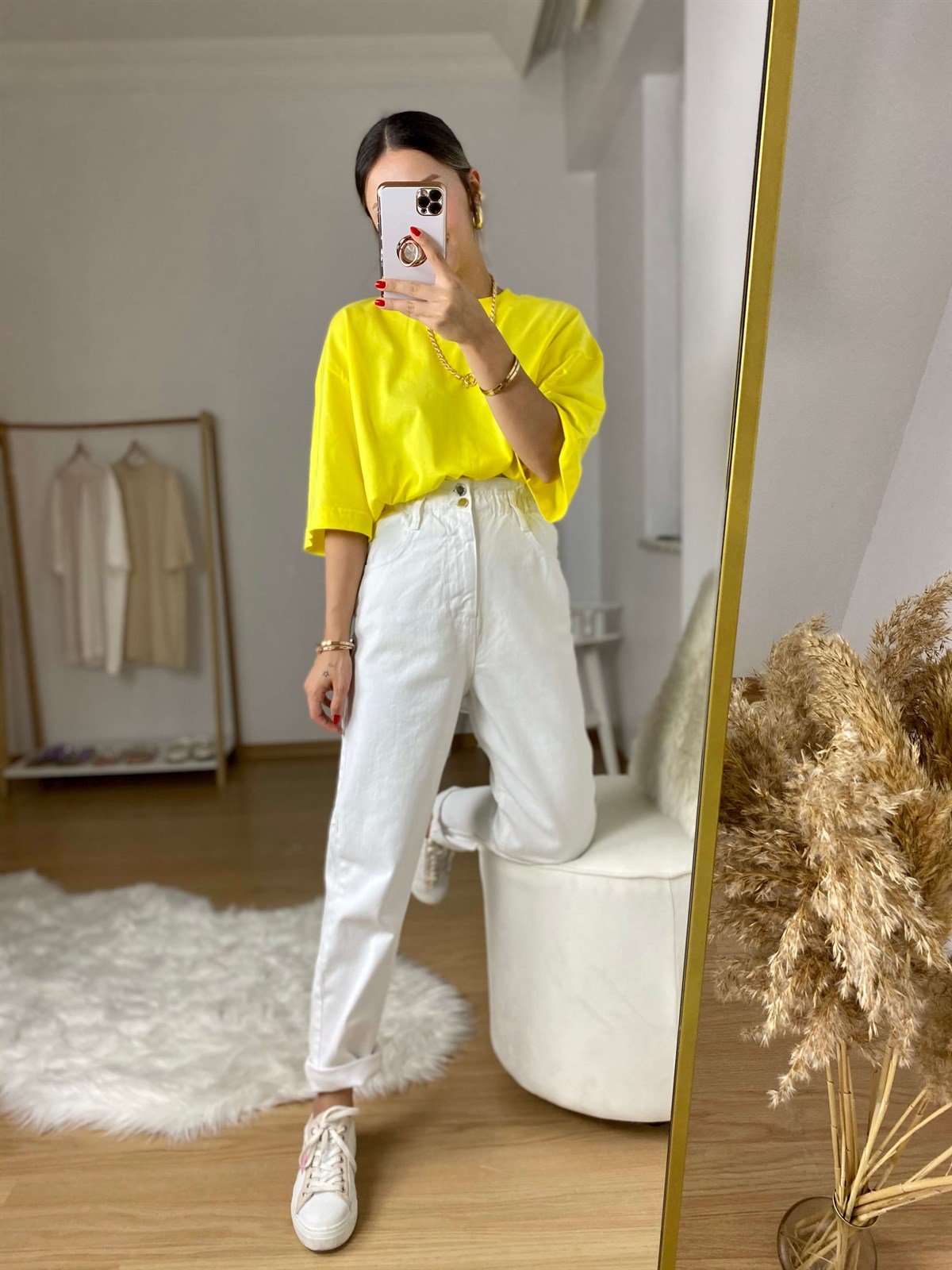 Beyaz Beli Lastikli jean