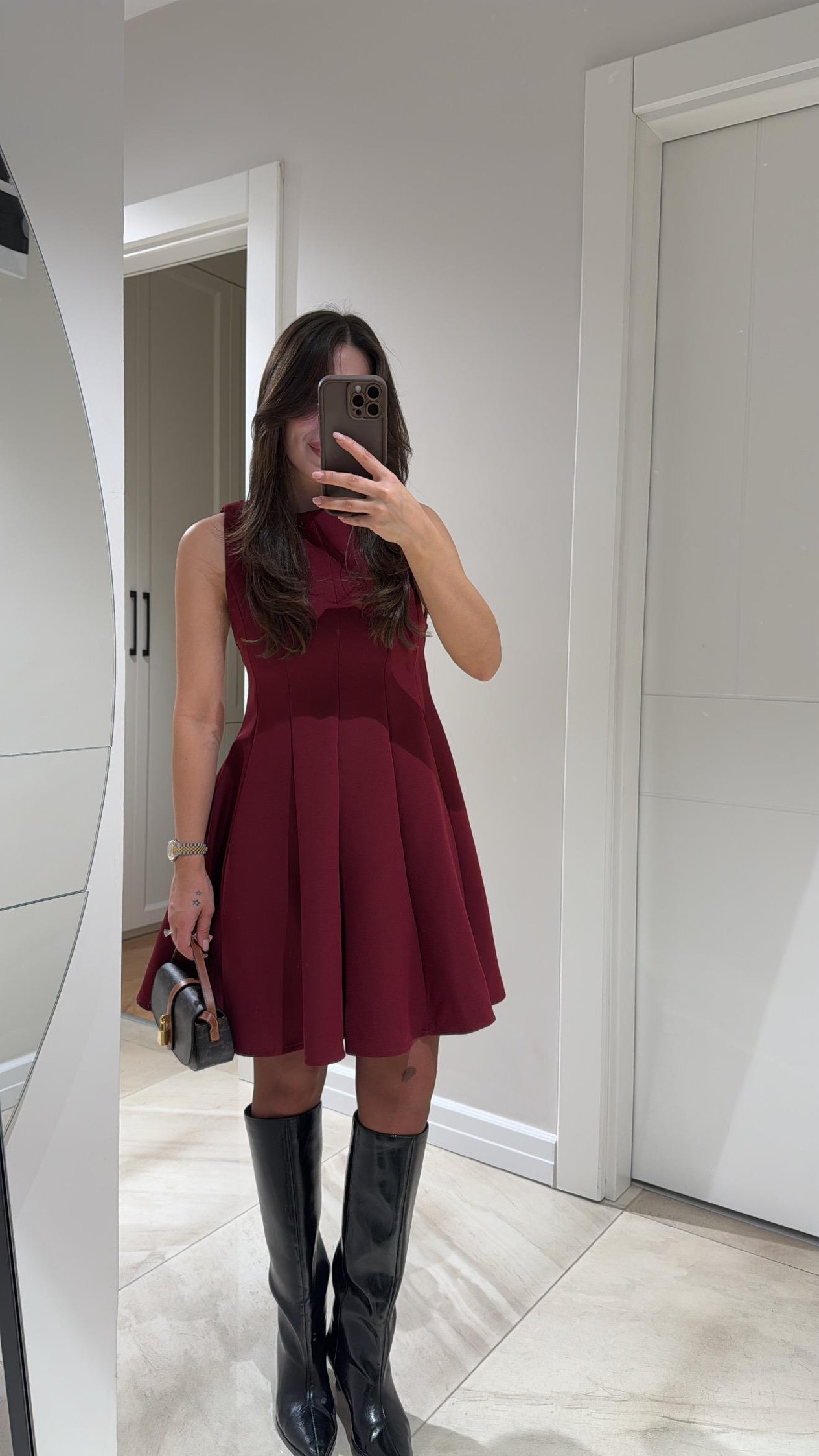 Bordo Bisiklet Yaka Kloş Elbise 