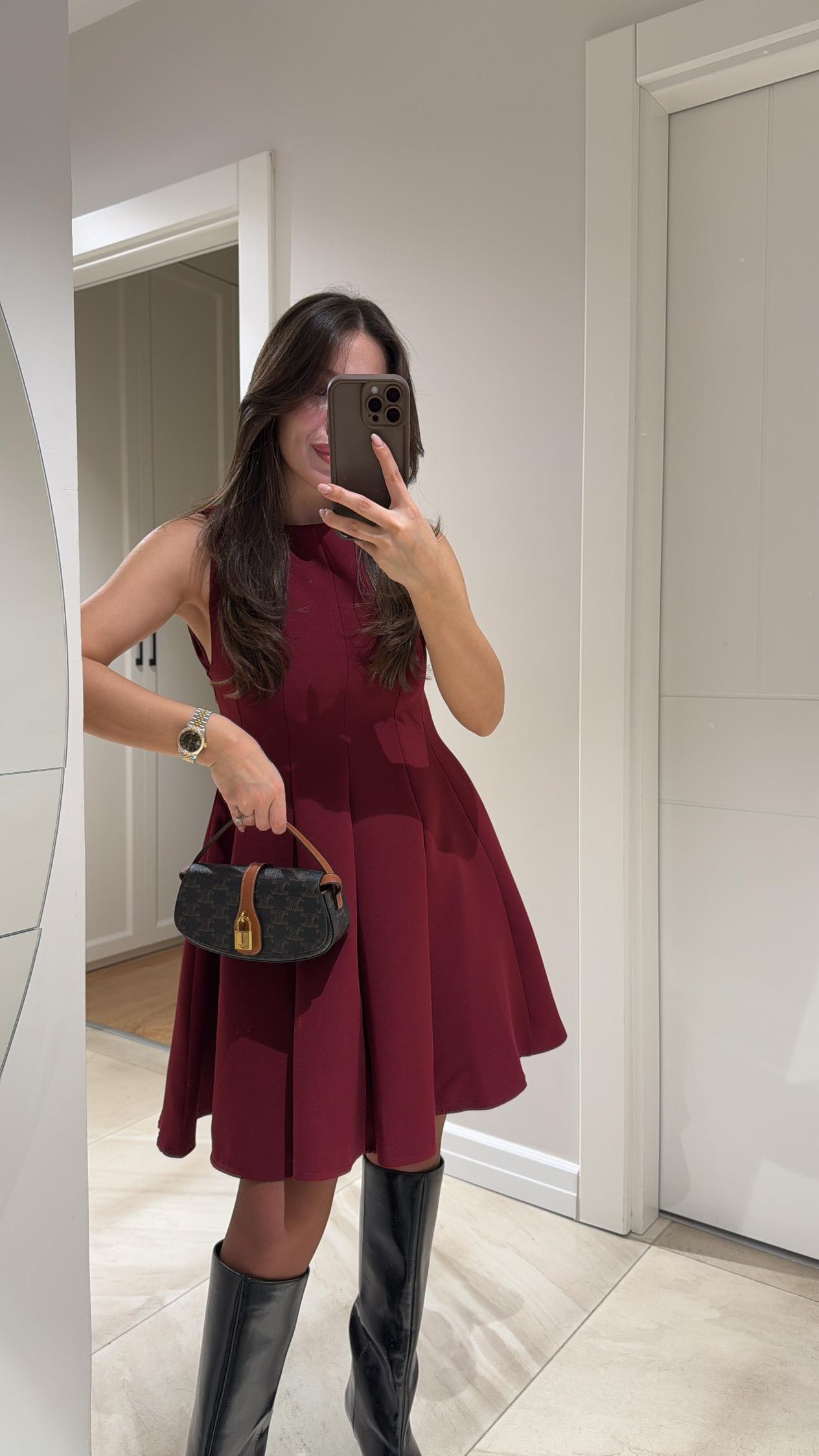 Bordo Bisiklet Yaka Kloş Elbise 