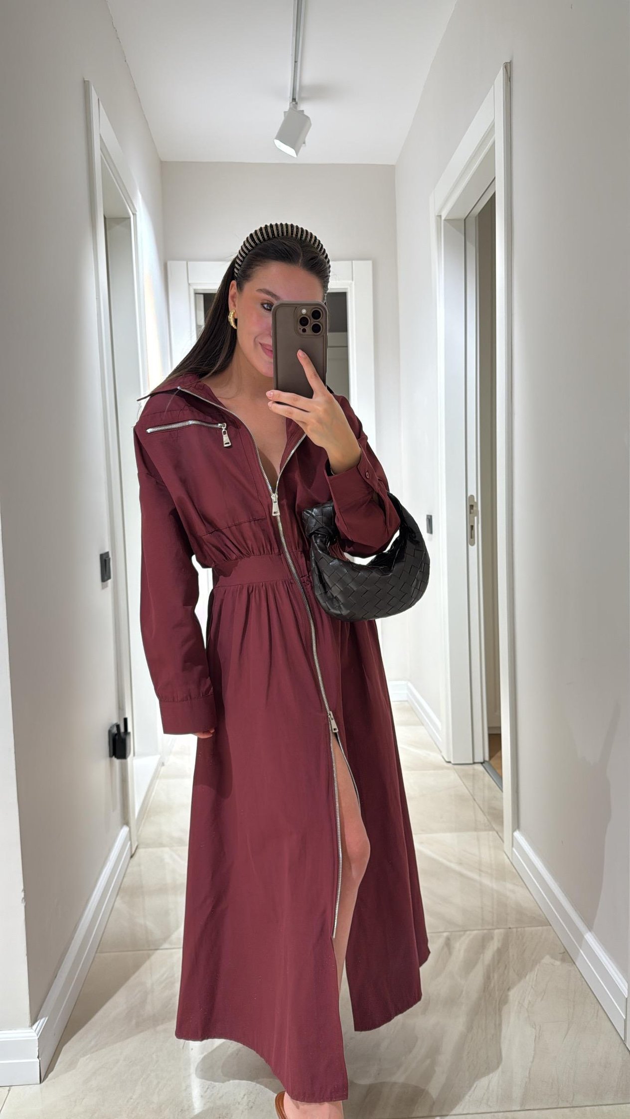 Bordo Fermuar Detaylı Poplin Ravi Elbise