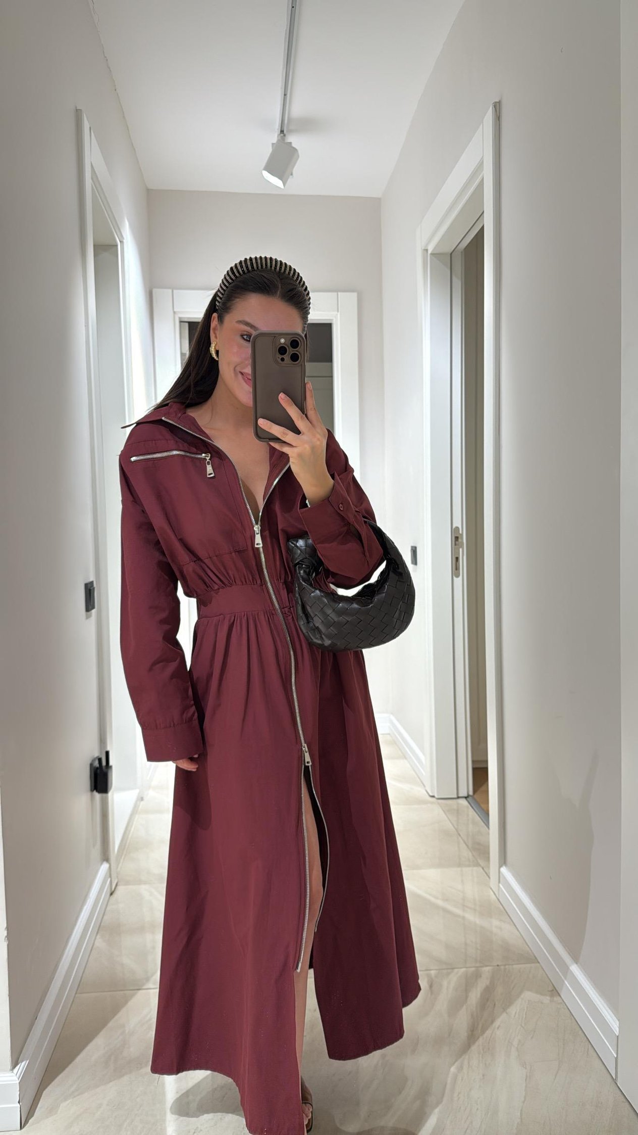 Bordo Fermuar Detaylı Poplin Ravi Elbise