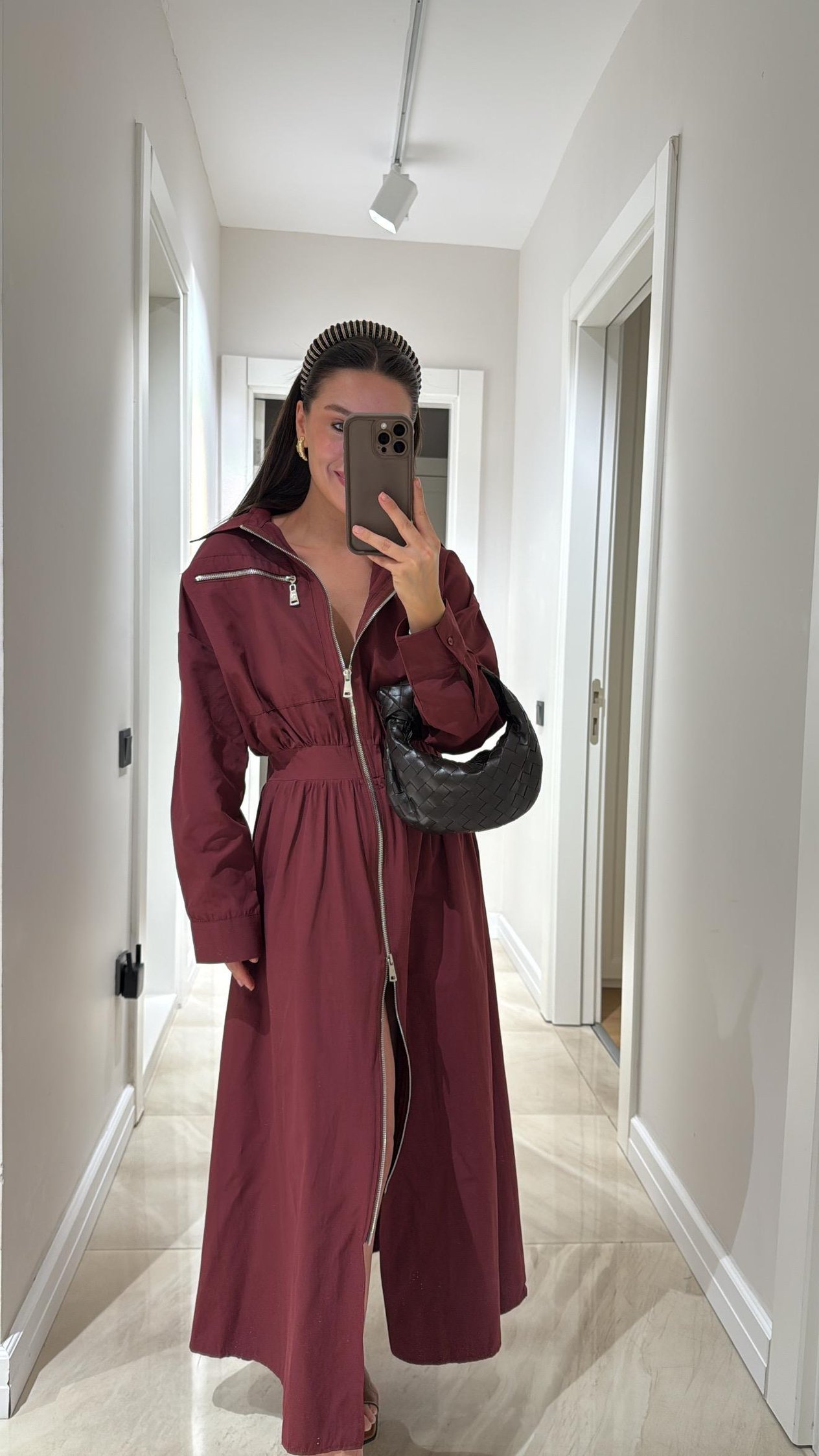 Bordo Fermuar Detaylı Poplin Ravi Elbise