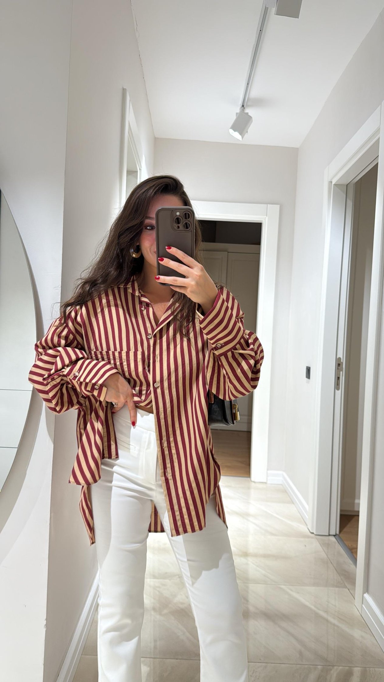 Camel Bordo Çizgili Ön Cepli Oversize Gömlek