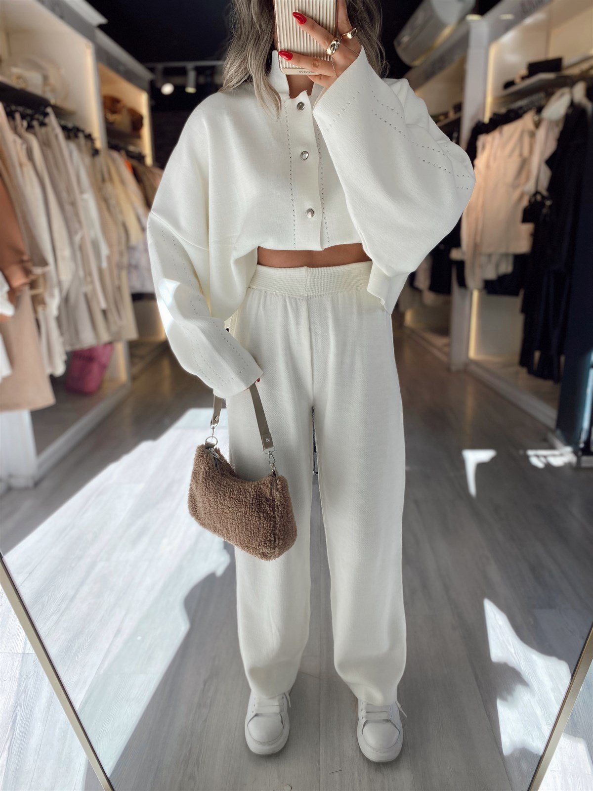 Ekru Beli Lastikli Triko Pantolon