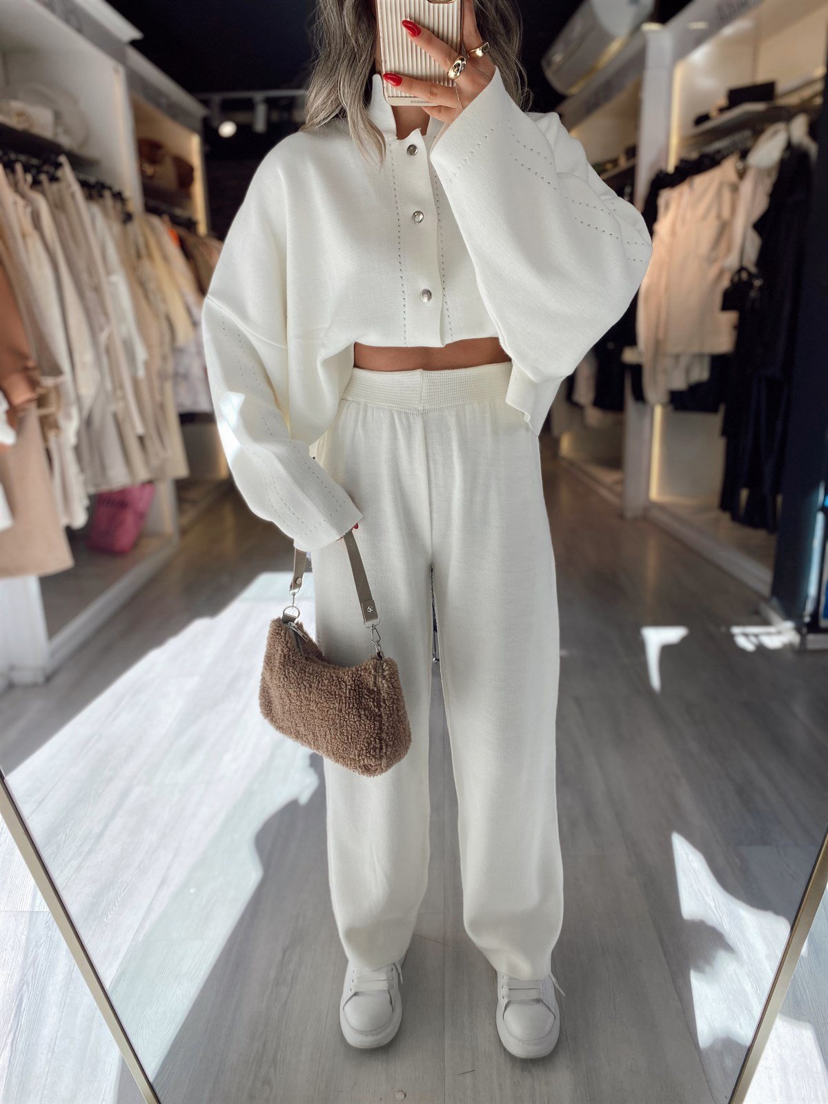 Ekru Beli Lastikli Triko Pantolon
