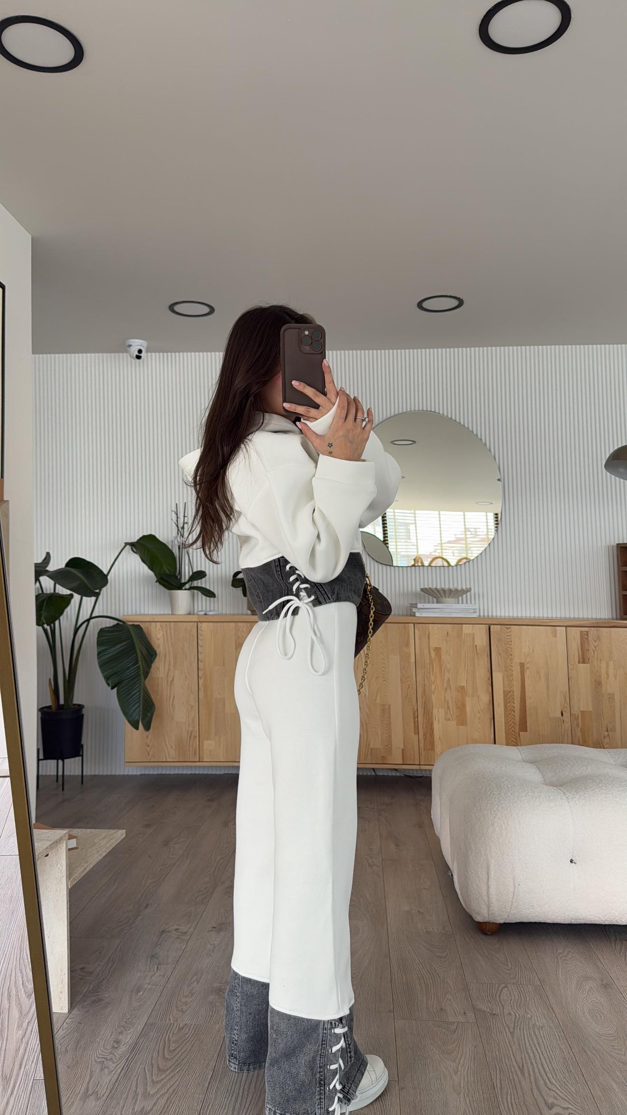 Ekru Gri Jean Detaylı Kapüşonlu Sweat Takım