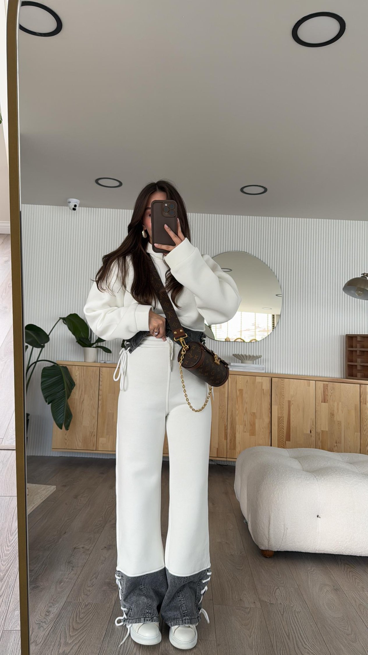 Ekru Gri Jean Detaylı Kapüşonlu Sweat Takım