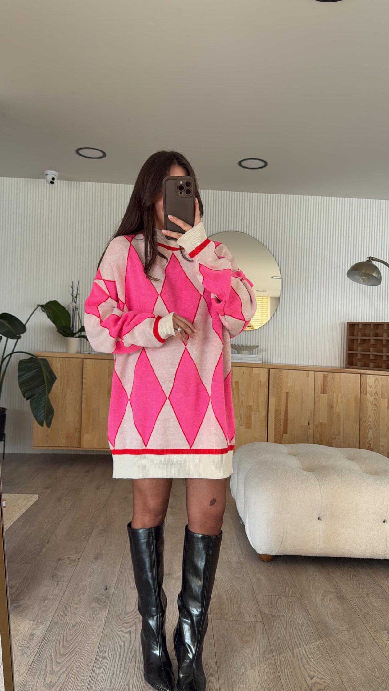 Ekru Pembe Baklava Desenli Kazak