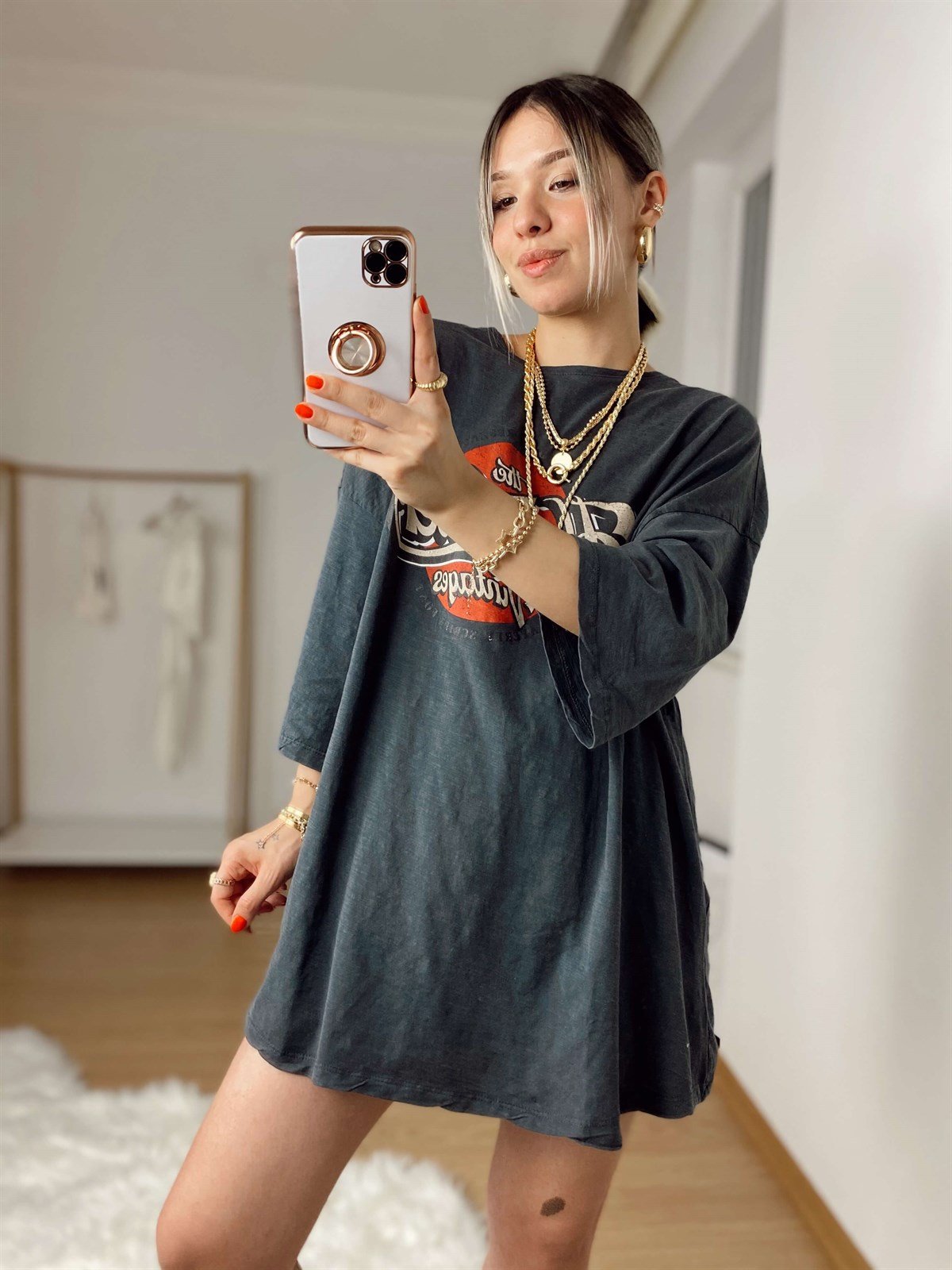 Füme Eskitme Yazılı Tisort