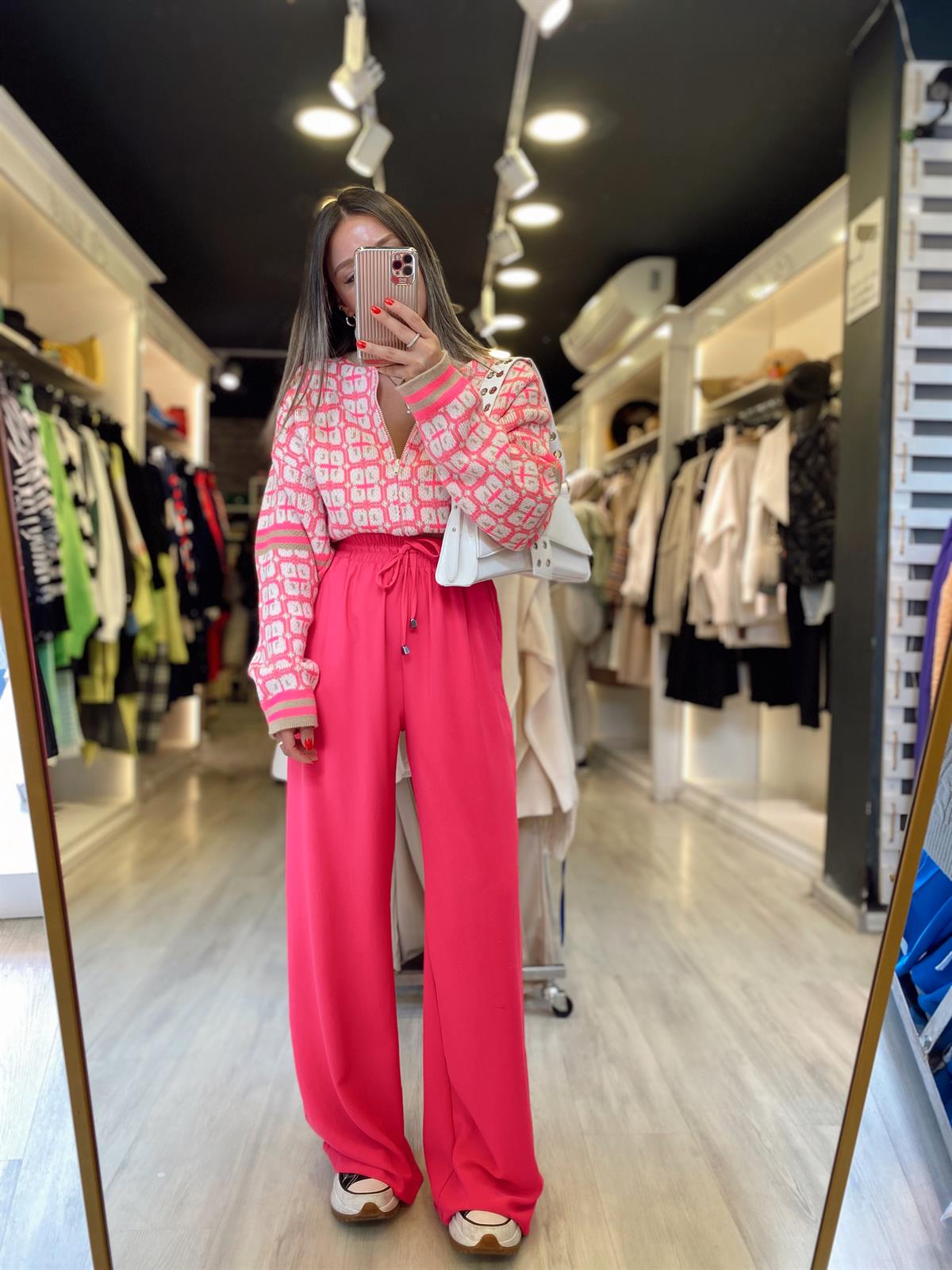 Fuşya Beli Lastikli Saten Bol Pantolon