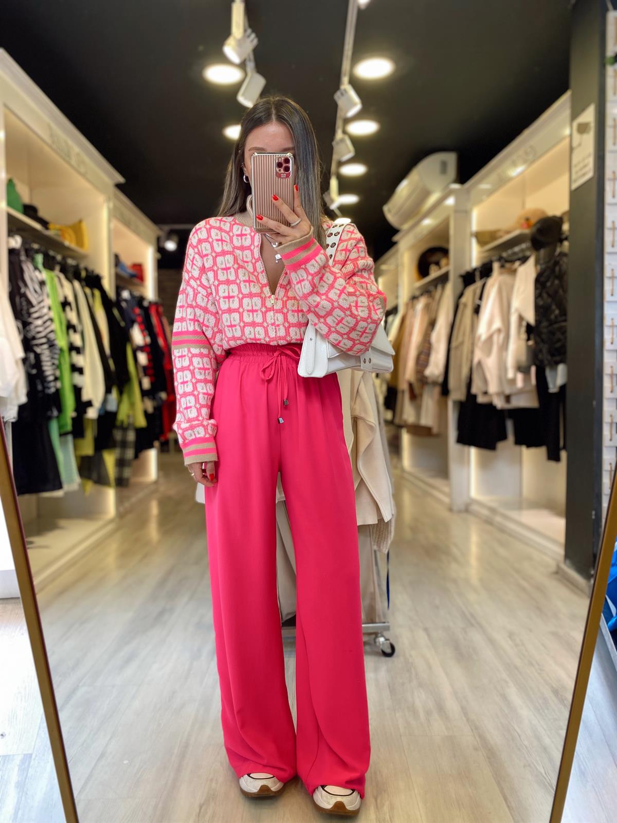 Fuşya Beli Lastikli Saten Bol Pantolon