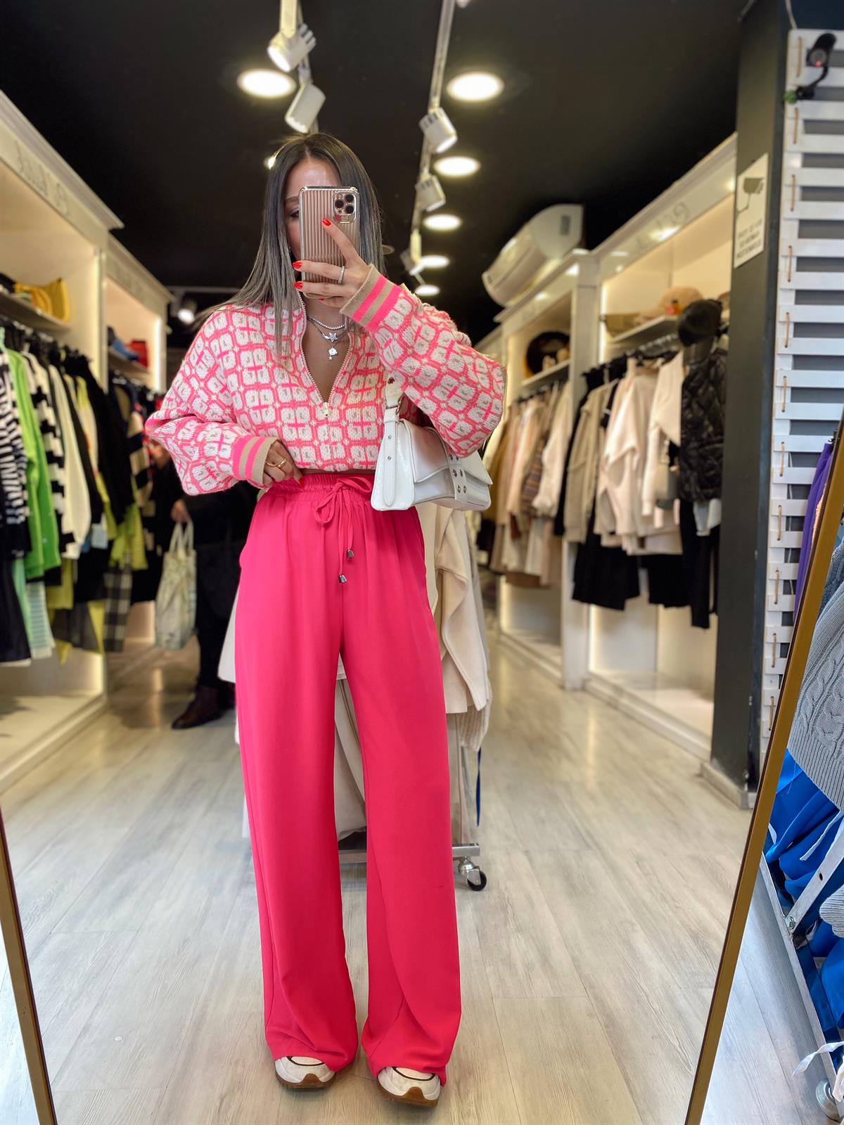 Fuşya Beli Lastikli Saten Bol Pantolon