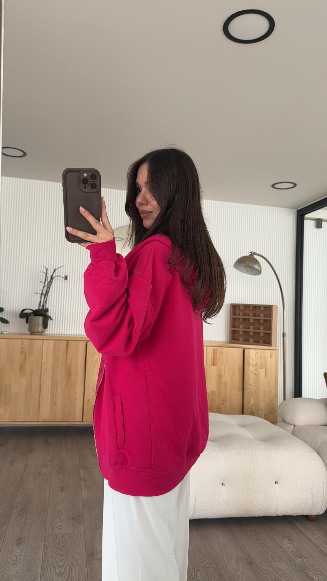 Fuşya Fermuarlı Kapşonlu Oversize Sweat 