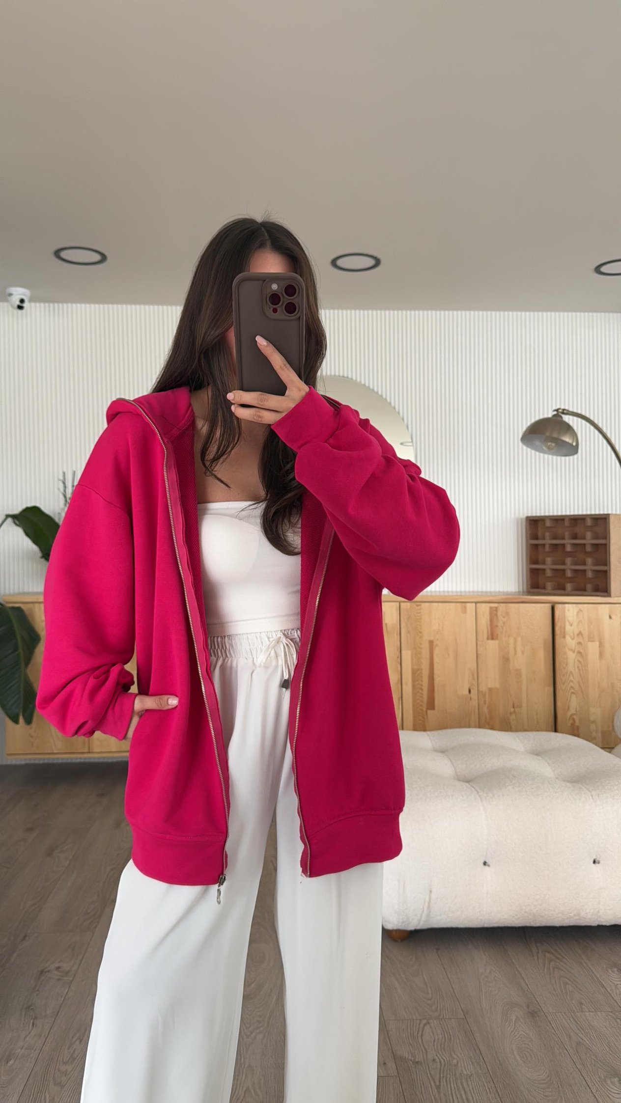 Fuşya Fermuarlı Kapşonlu Oversize Sweat 
