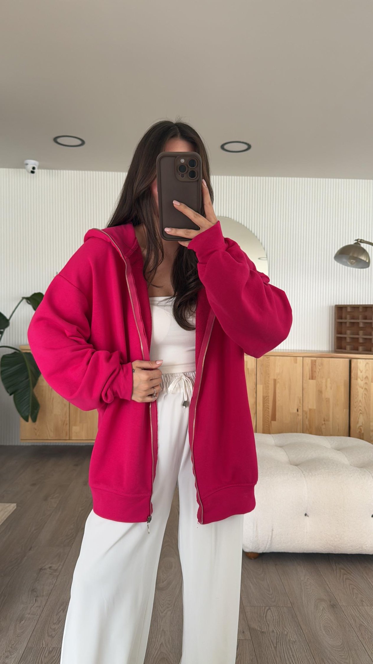 Fuşya Fermuarlı Kapşonlu Oversize Sweat 