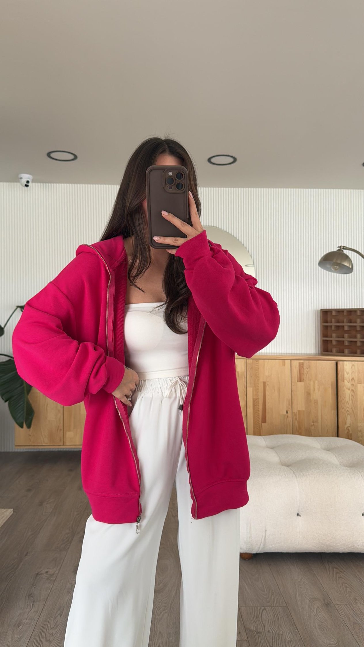 Fuşya Fermuarlı Kapşonlu Oversize Sweat 