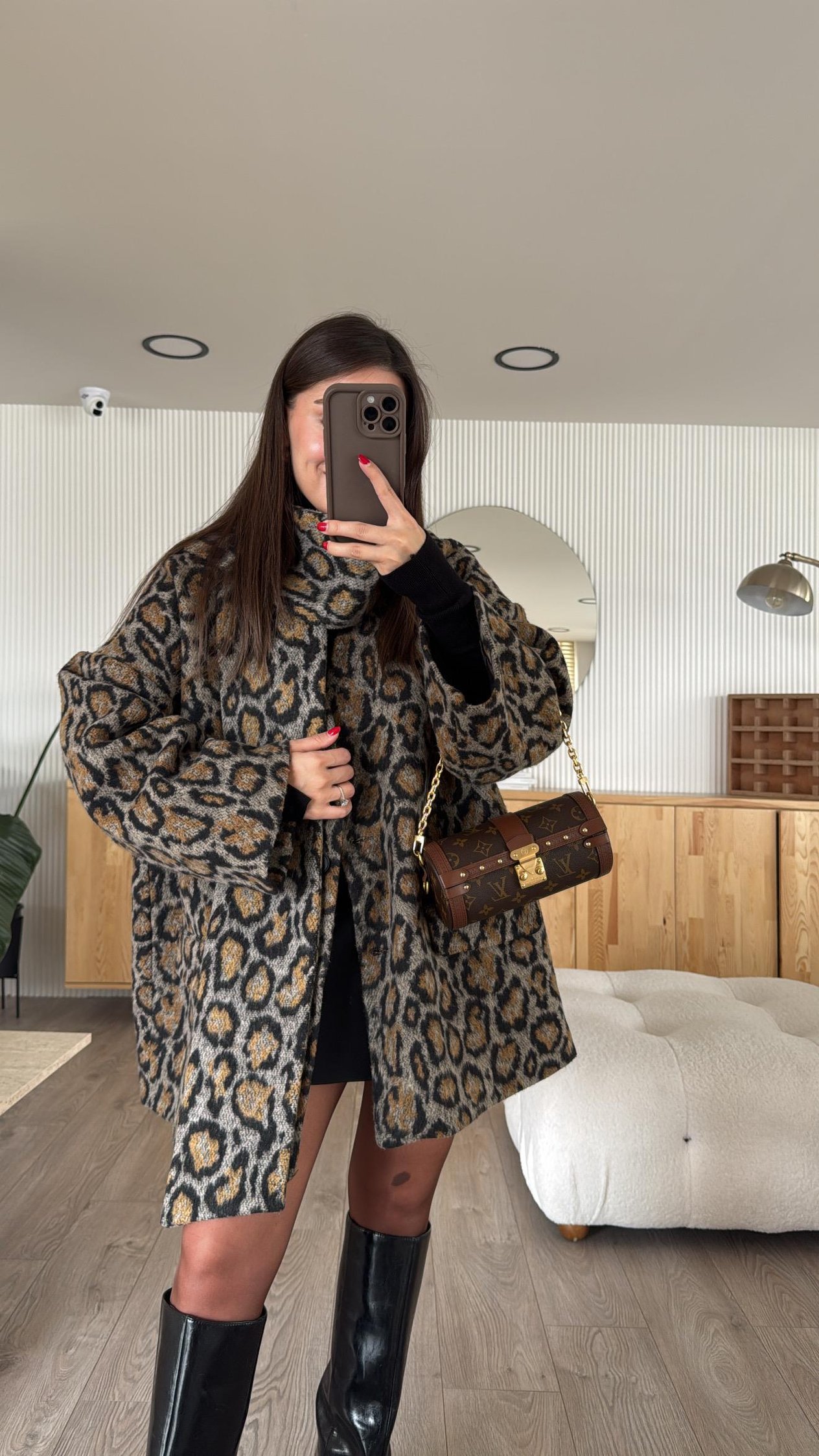 Gri Leopar Atkılı Kaşe Oversize Ceket 