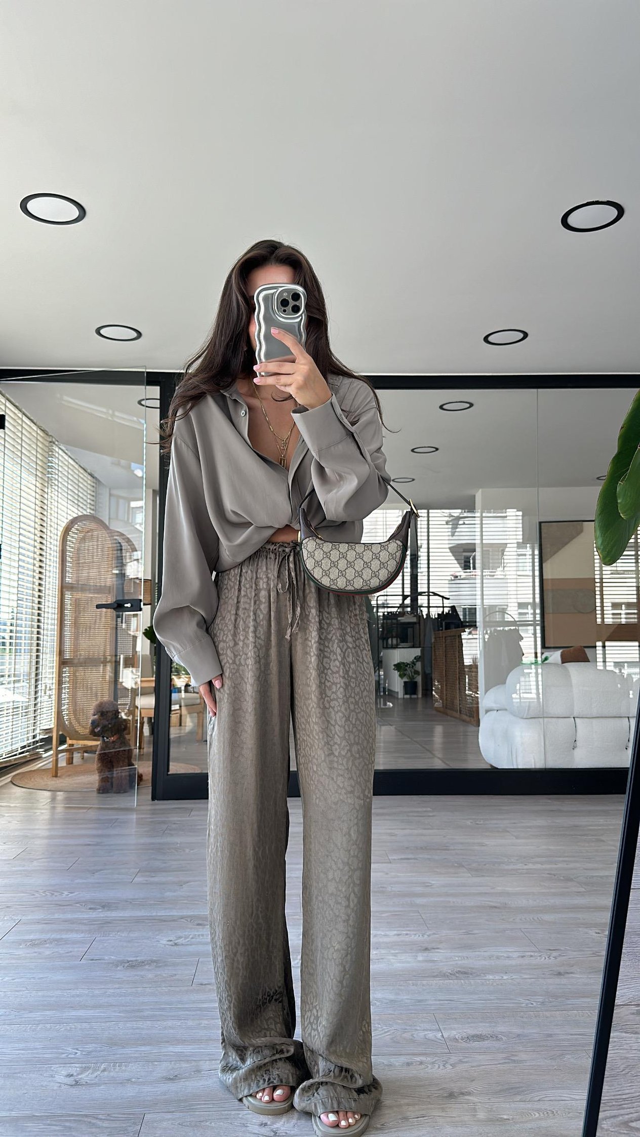 Haki Leopar Desenli Jakarlı Bol Paça Pantolon