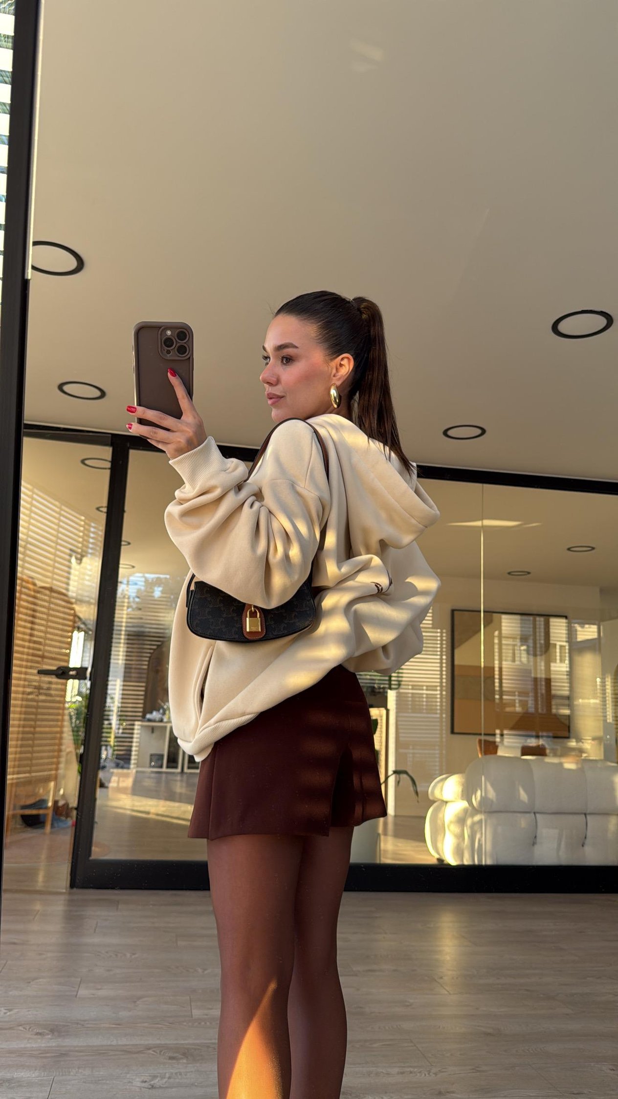 Kahve Yan Fermuarlı Mini Şort Etek