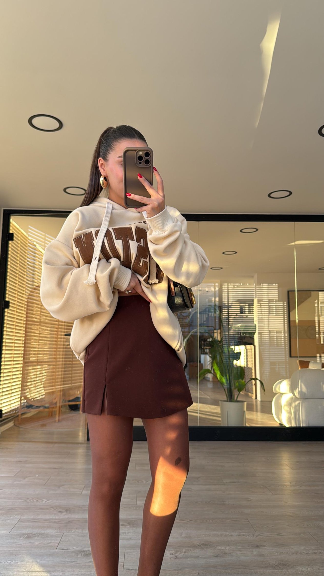 Kahve Yan Fermuarlı Mini Şort Etek