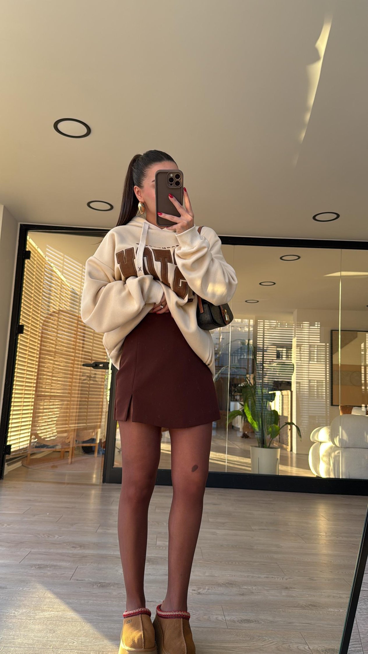 Kahve Yan Fermuarlı Mini Şort Etek