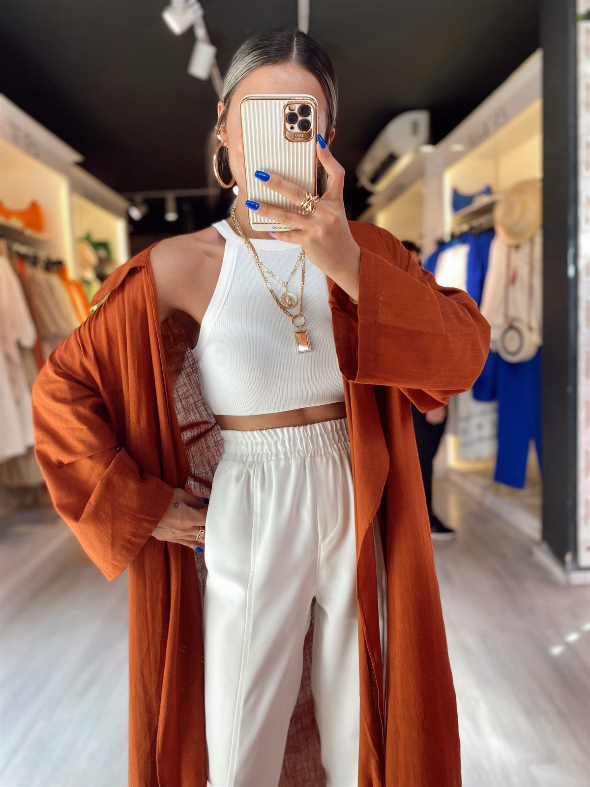Kiremit Ön Bağlama Detaylı Keten Kimono