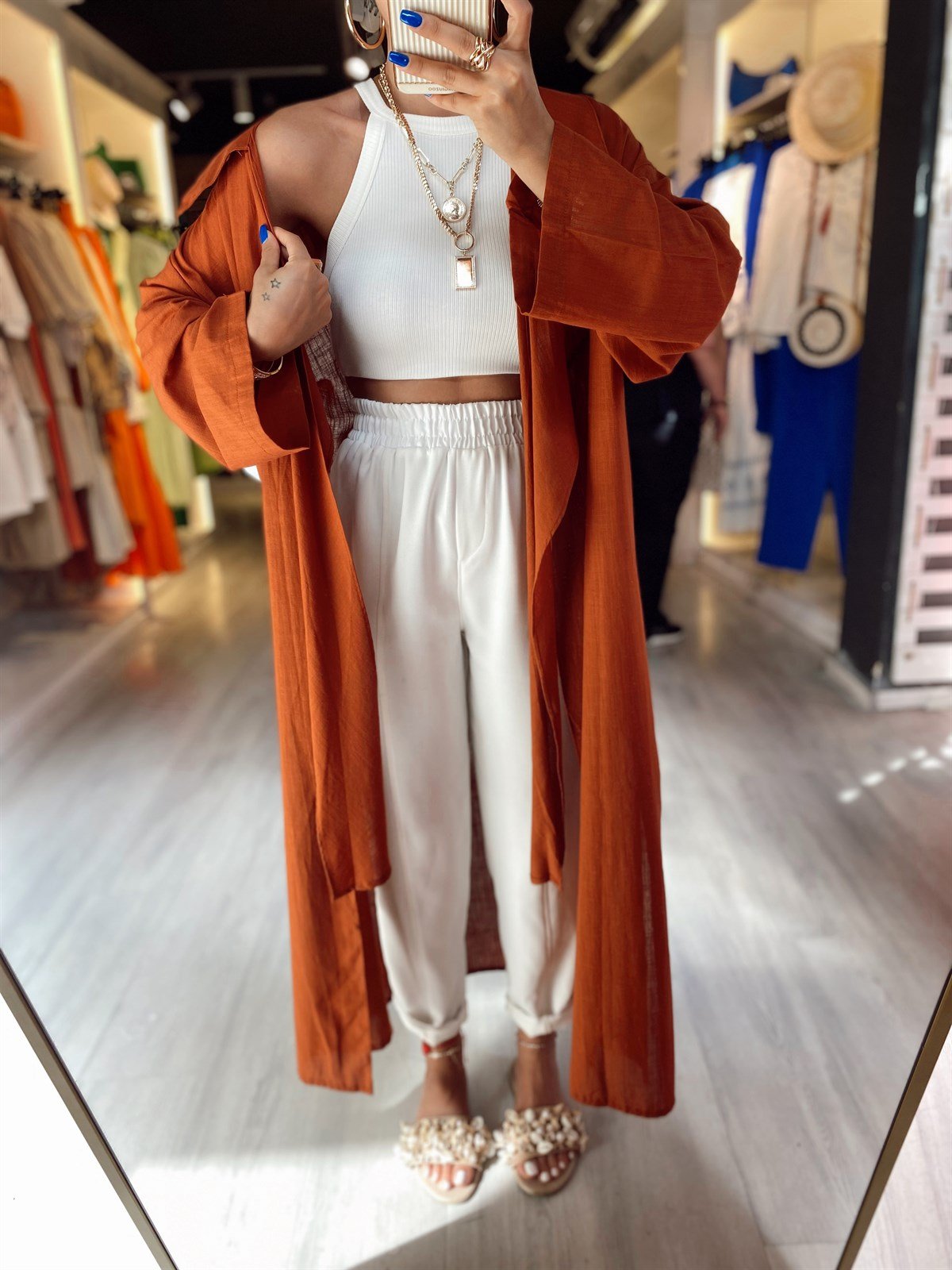 Kiremit Ön Bağlama Detaylı Keten Kimono