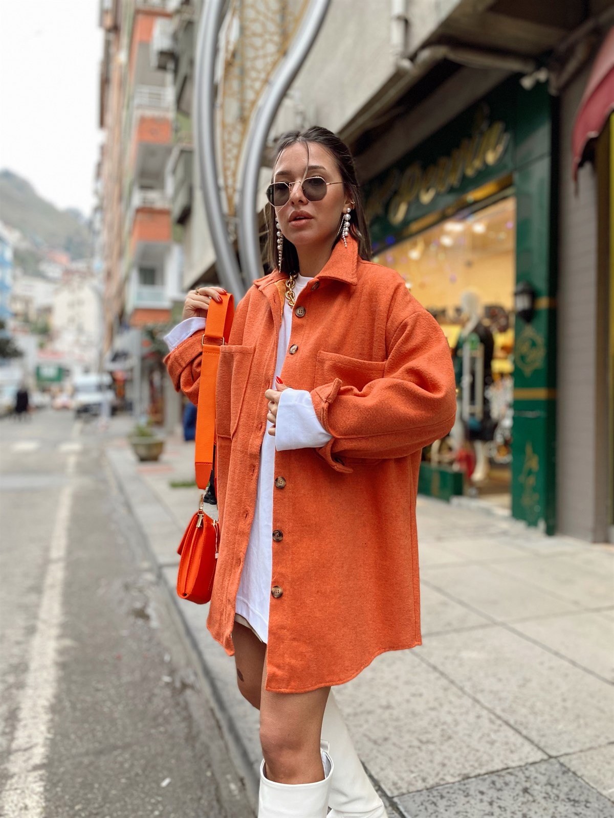 Kiremit Rengi Çift Cepli Oversize Kaşe Ceket