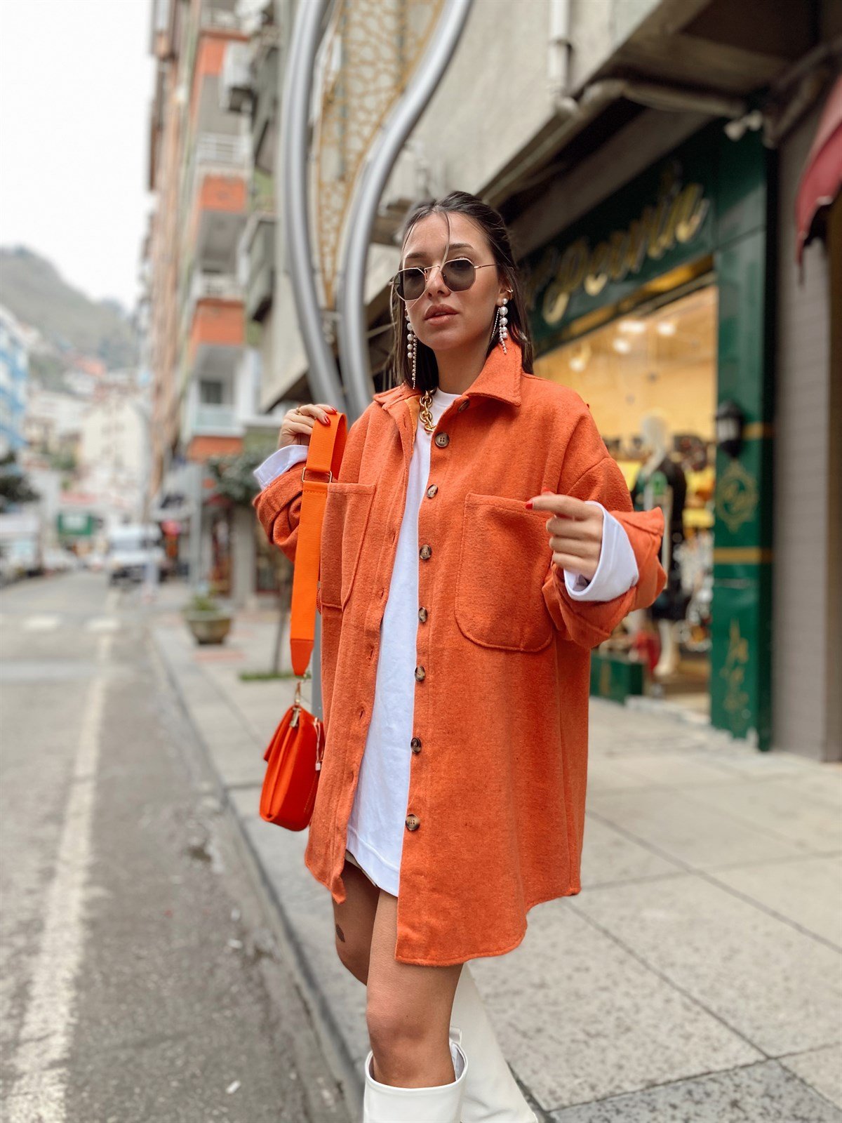 Kiremit Rengi Çift Cepli Oversize Kaşe Ceket