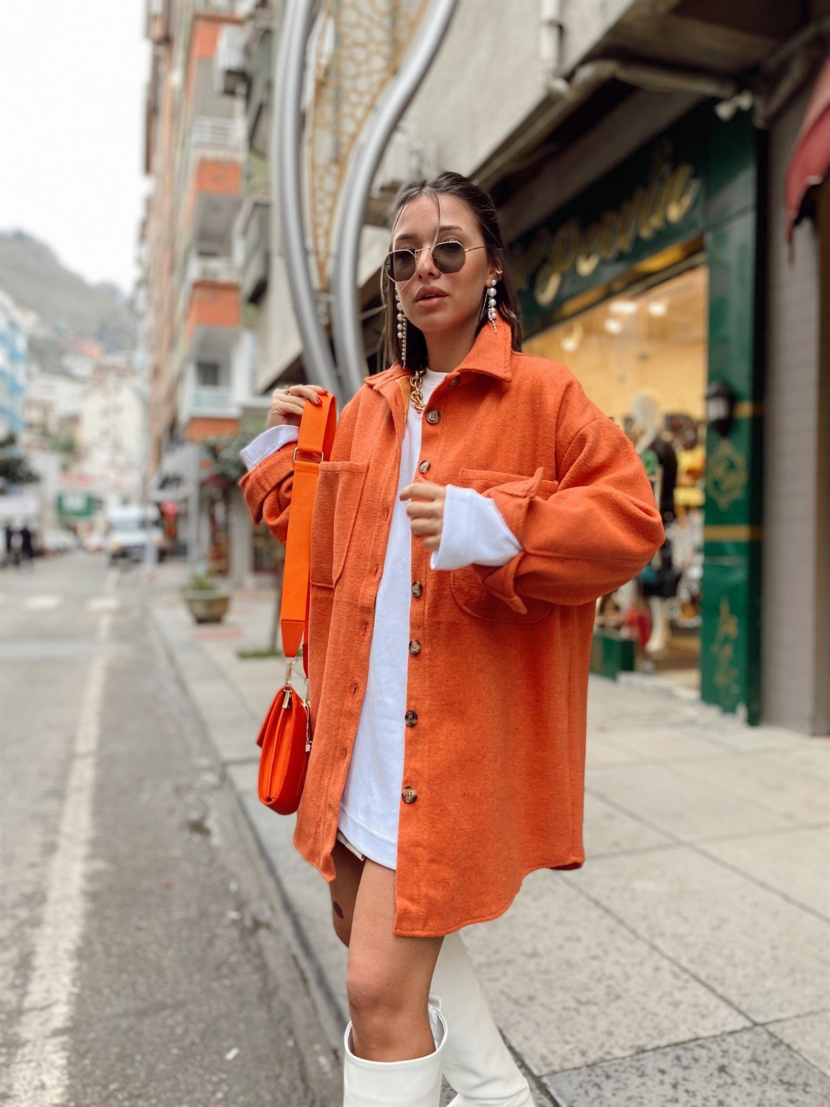 Kiremit Rengi Çift Cepli Oversize Kaşe Ceket
