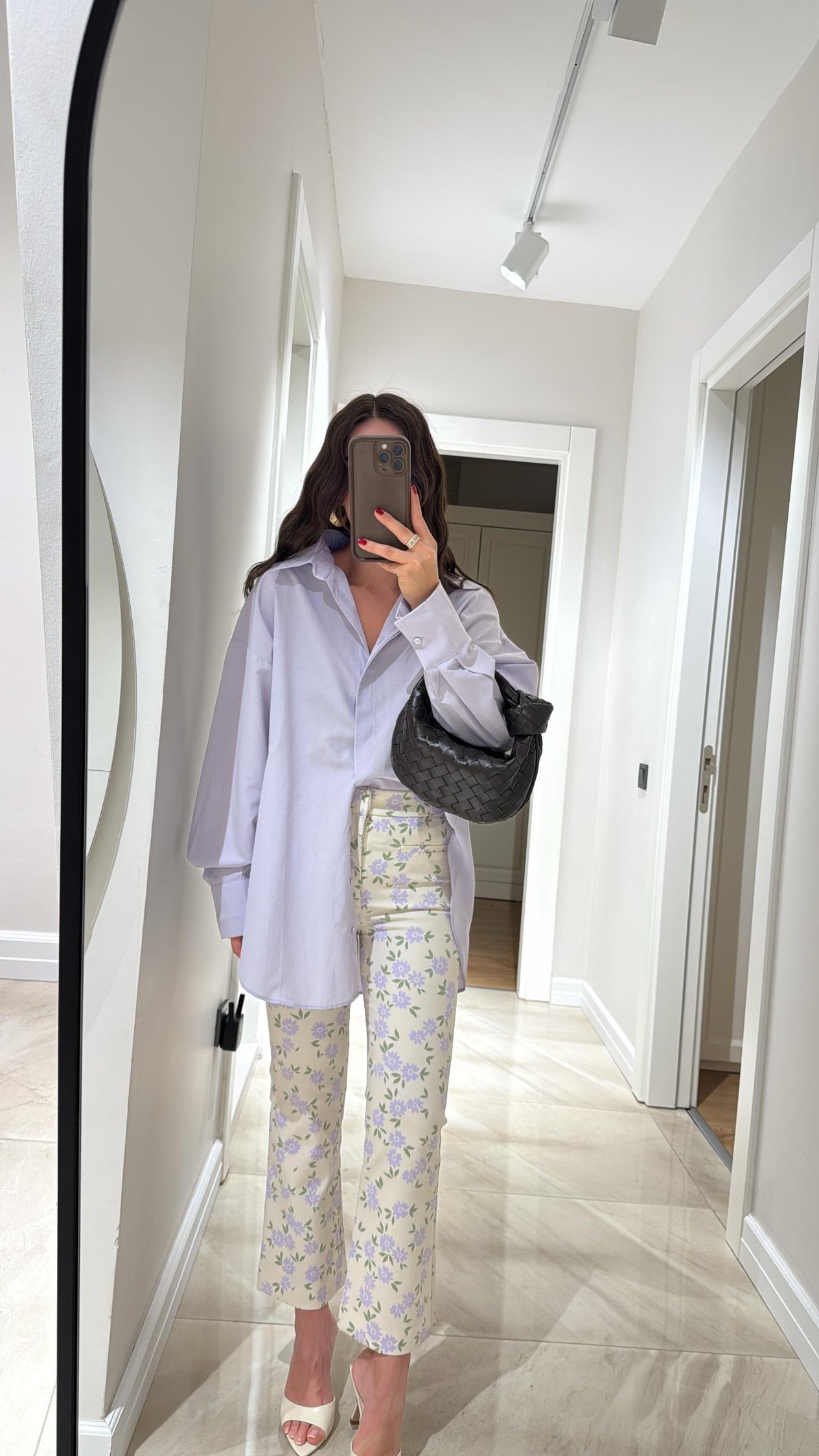 Krem Lila Çiçekli Flare Bilek Boy Pantolon