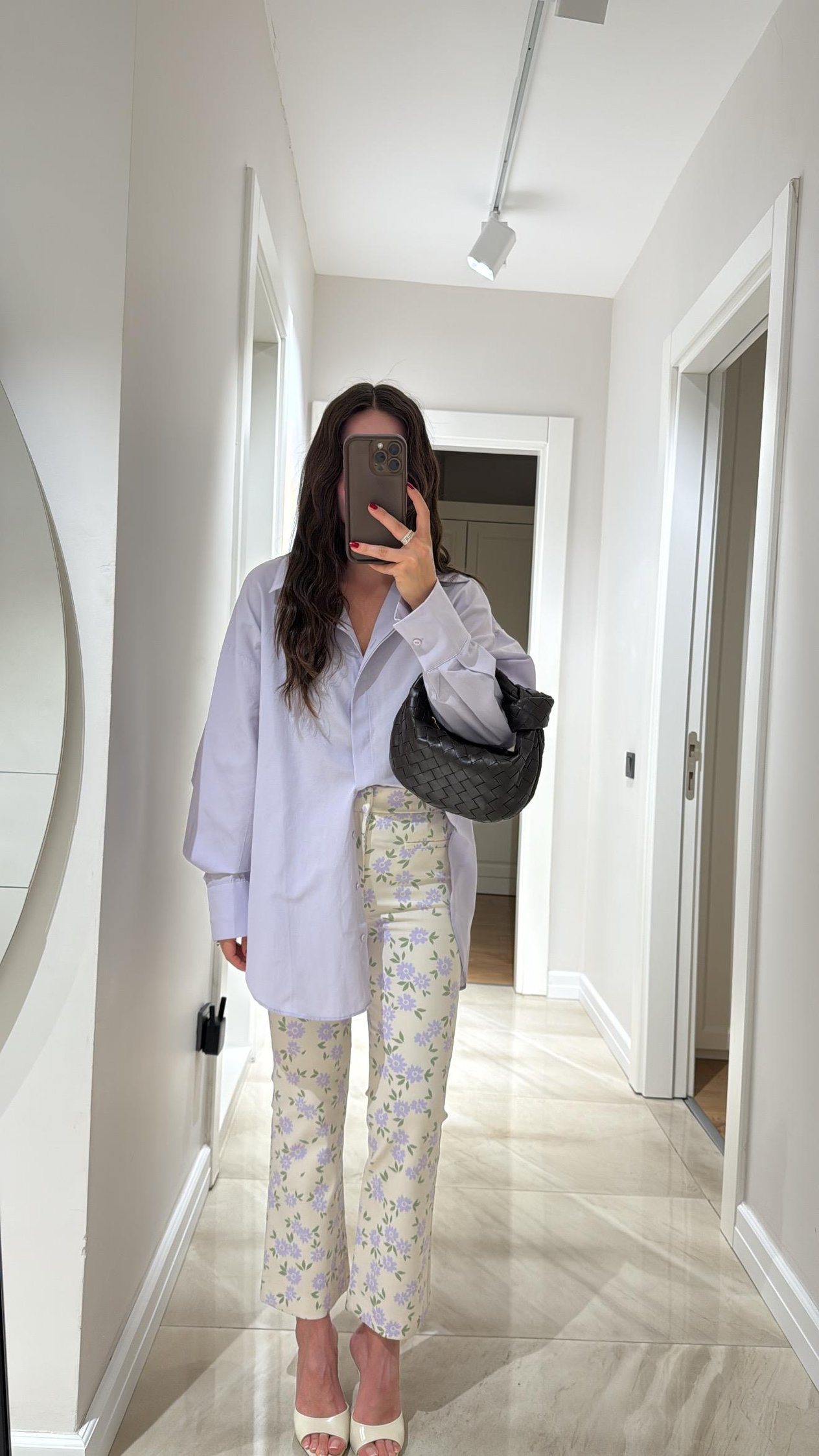 Krem Lila Çiçekli Flare Bilek Boy Pantolon