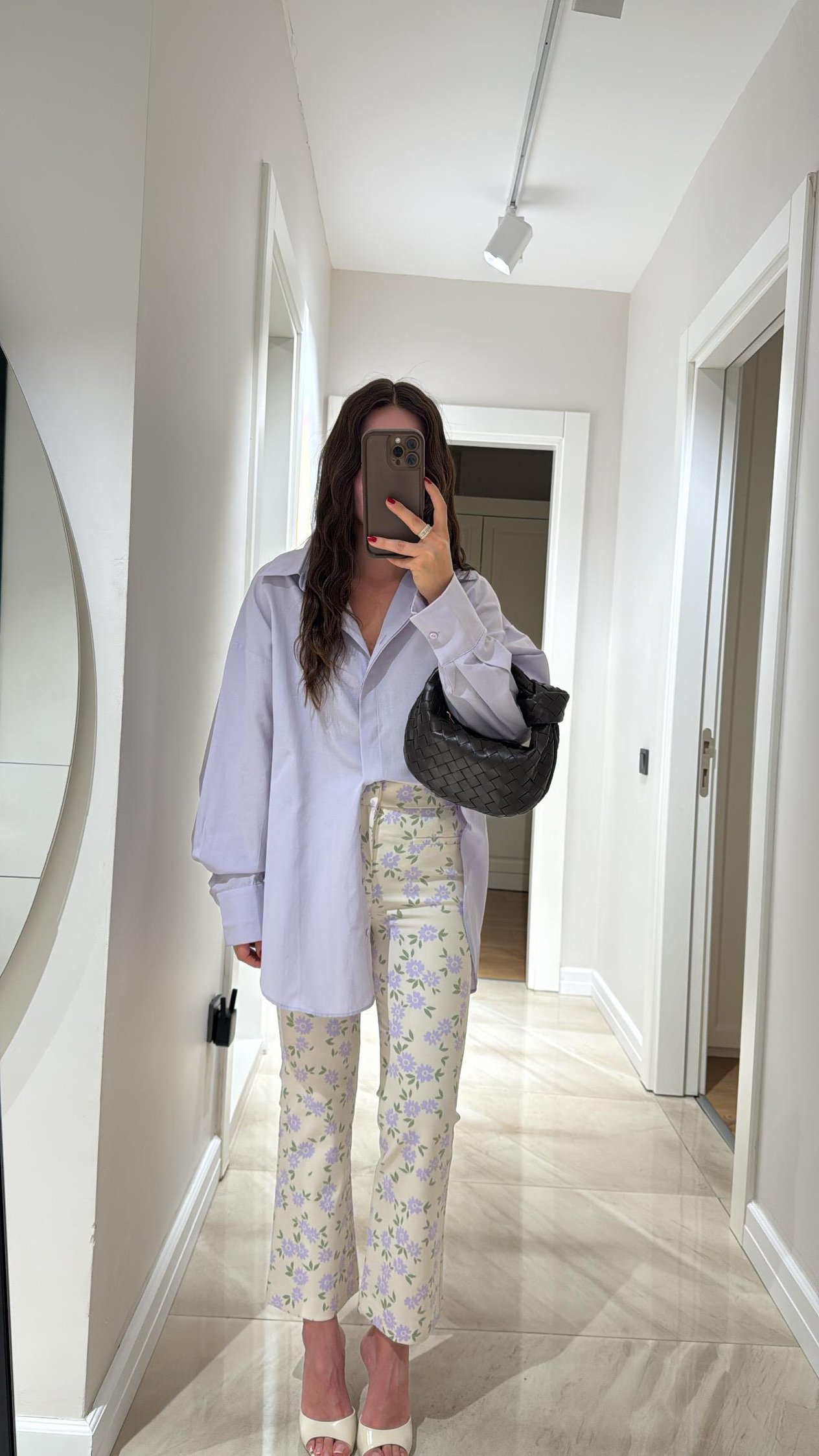 Krem Lila Çiçekli Flare Bilek Boy Pantolon